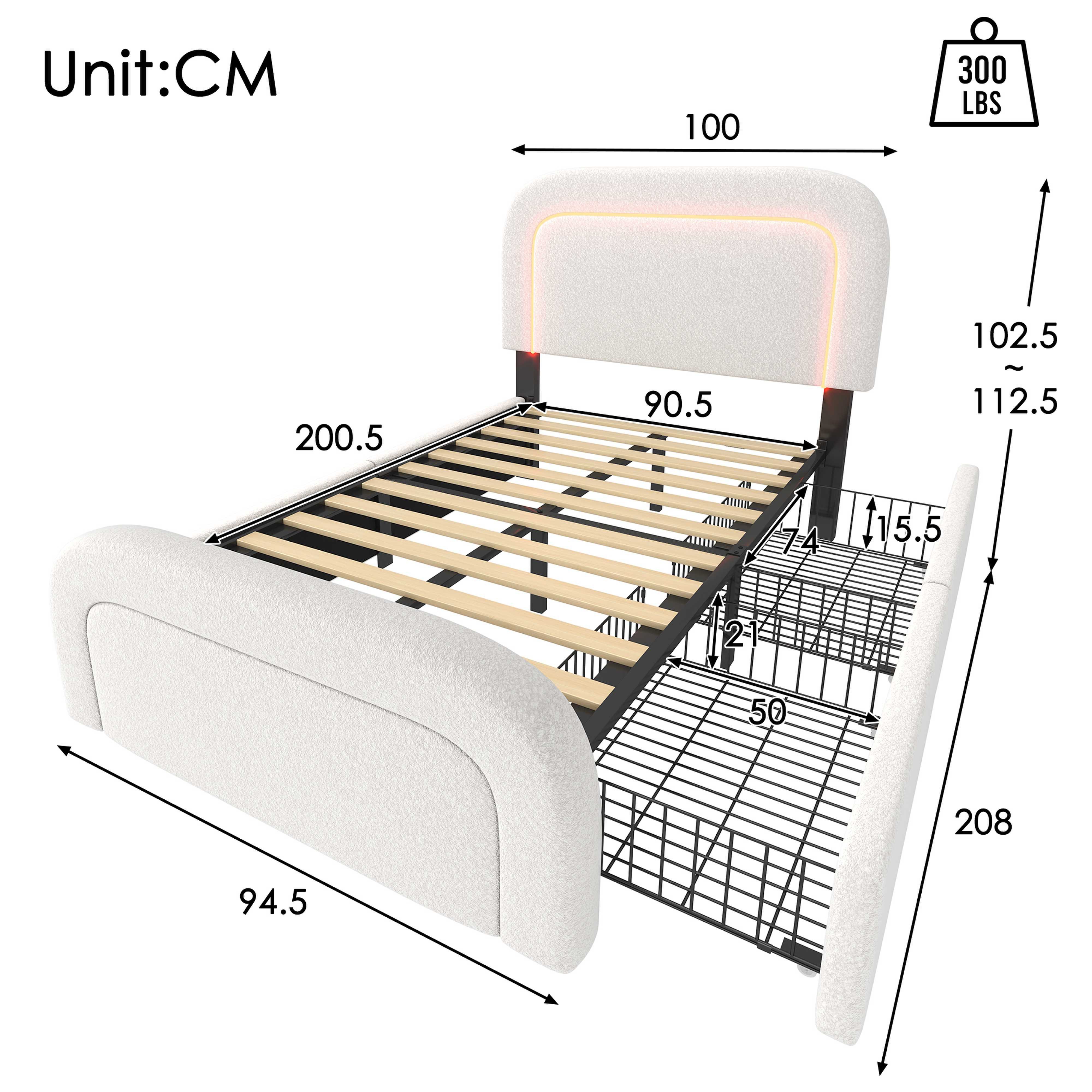 BlingBin Polsterbett Einzelbett Bettgestell (1-tlg., mit USB Typ C Ladefunktion LED-Beleuchtung, 90x200cm), Höhenverstellbarem Kopfteil, Sherp-Weiß