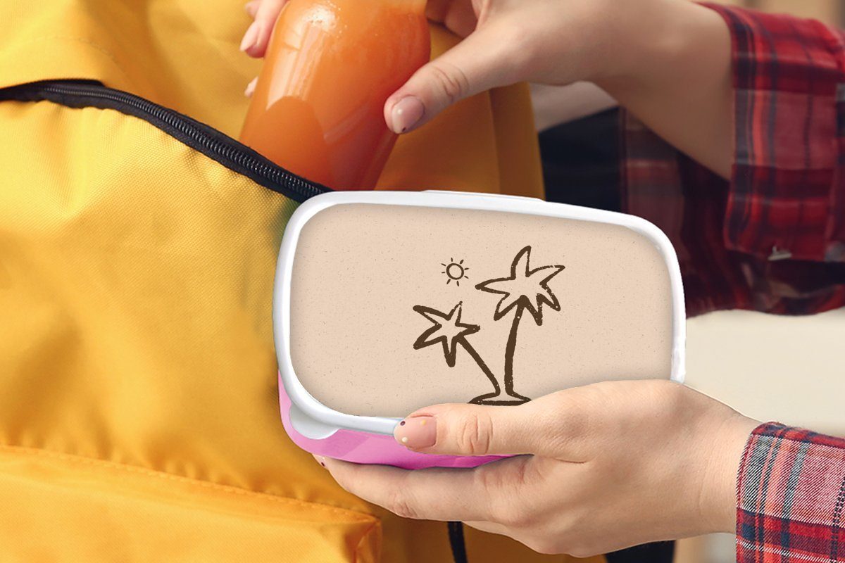 MuchoWow Lunchbox Palme - Snackbox, Mädchen, Kinder, Brotbox - Kunststoff, Kunststoff (2-tlg), Erwachsene, Rosa, Sonne für Brotdose