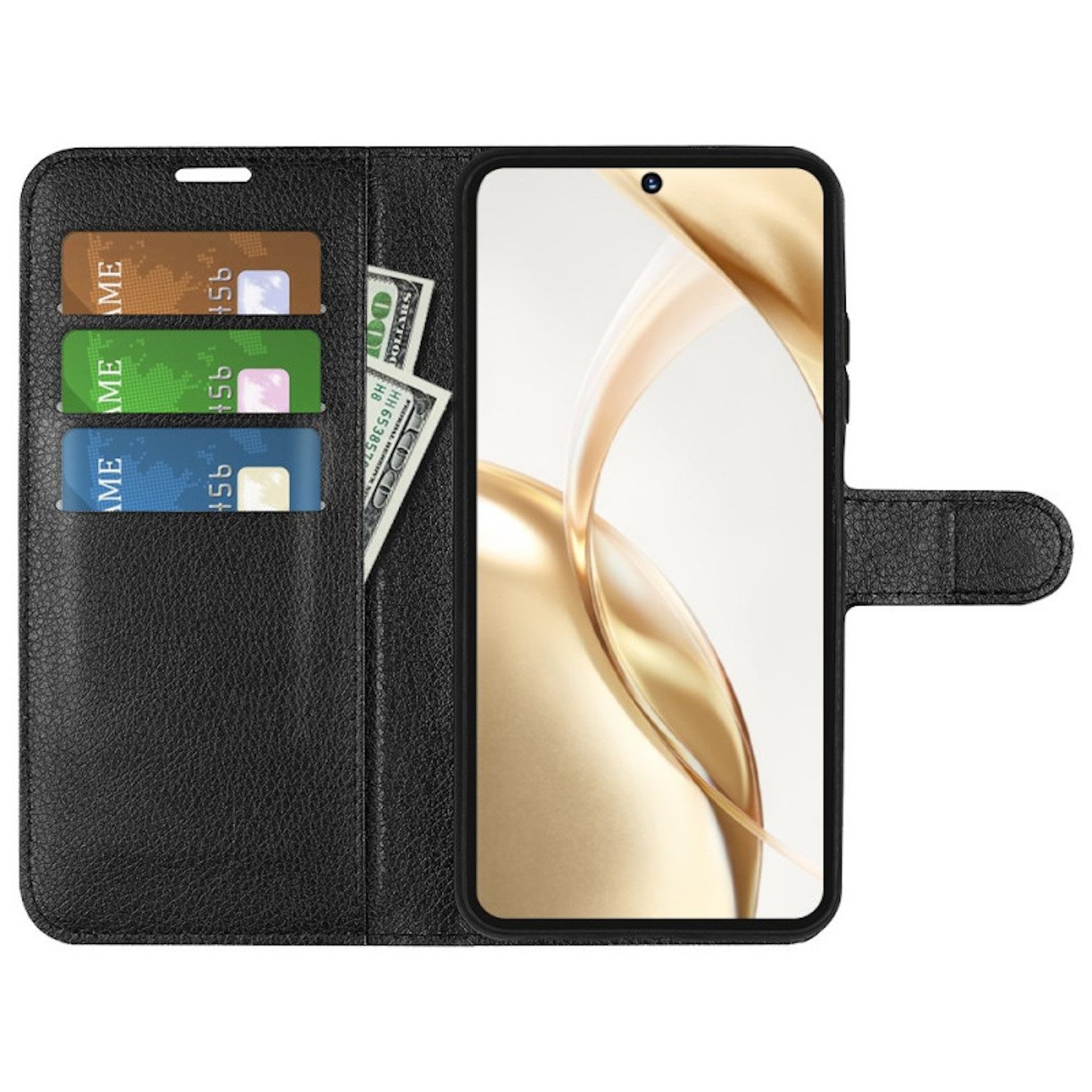 Wigento Smartphone-Hülle Für Honor 200 Kunst-Leder Book Wallet Schutz Tasche Hülle Case Schwarz, Kunstleder Hülle mit Kartenfächern und Standfunktion