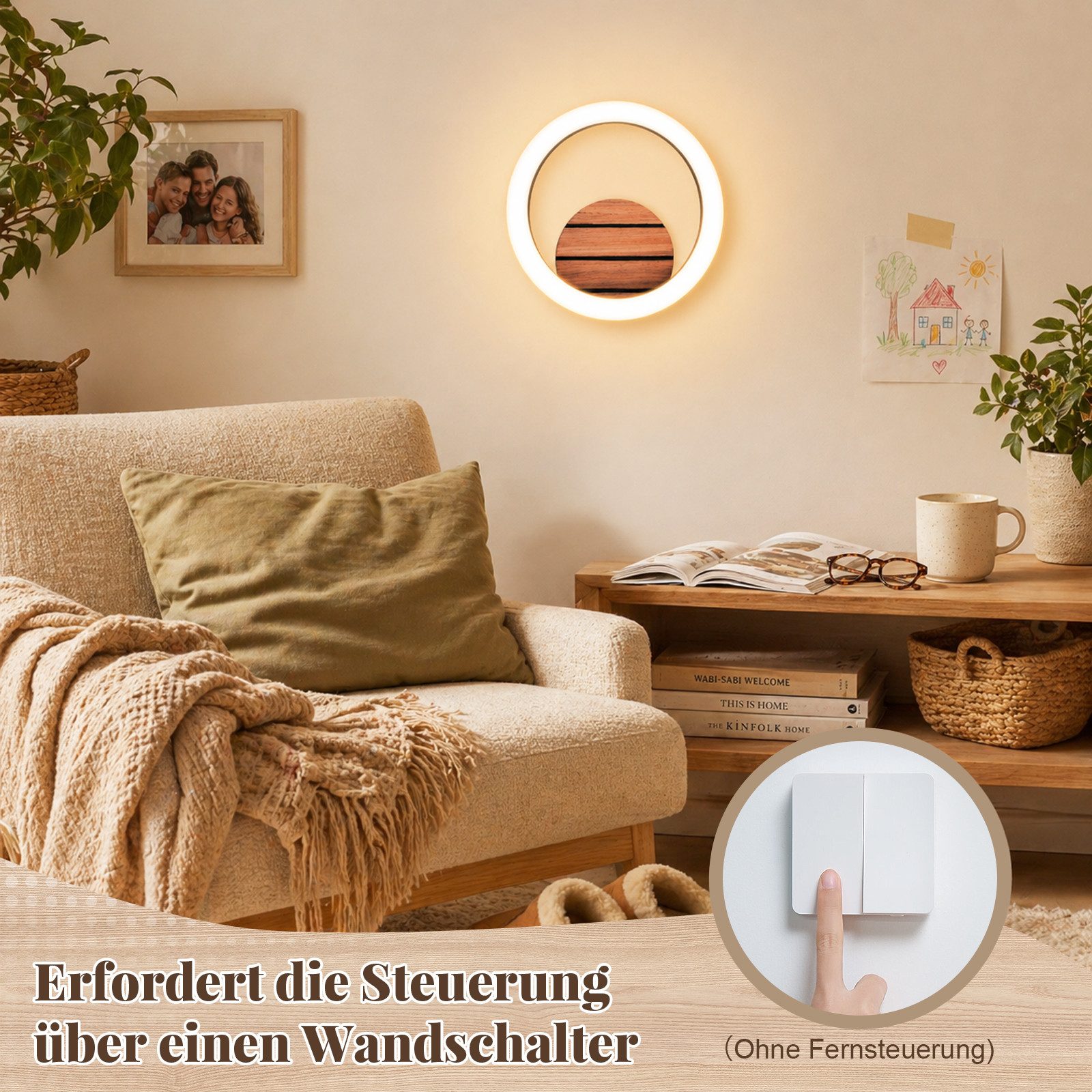 Nettlife LED Wandleuchte 17/20cm Holzoptik 6/7W 3000K Warmweiß Indirekte Wandlampe, LED fest integriert, Warmweiß, für Schlafzimmer Wohnzimmer Moderne Flurbeleu – Bild 5 von 5