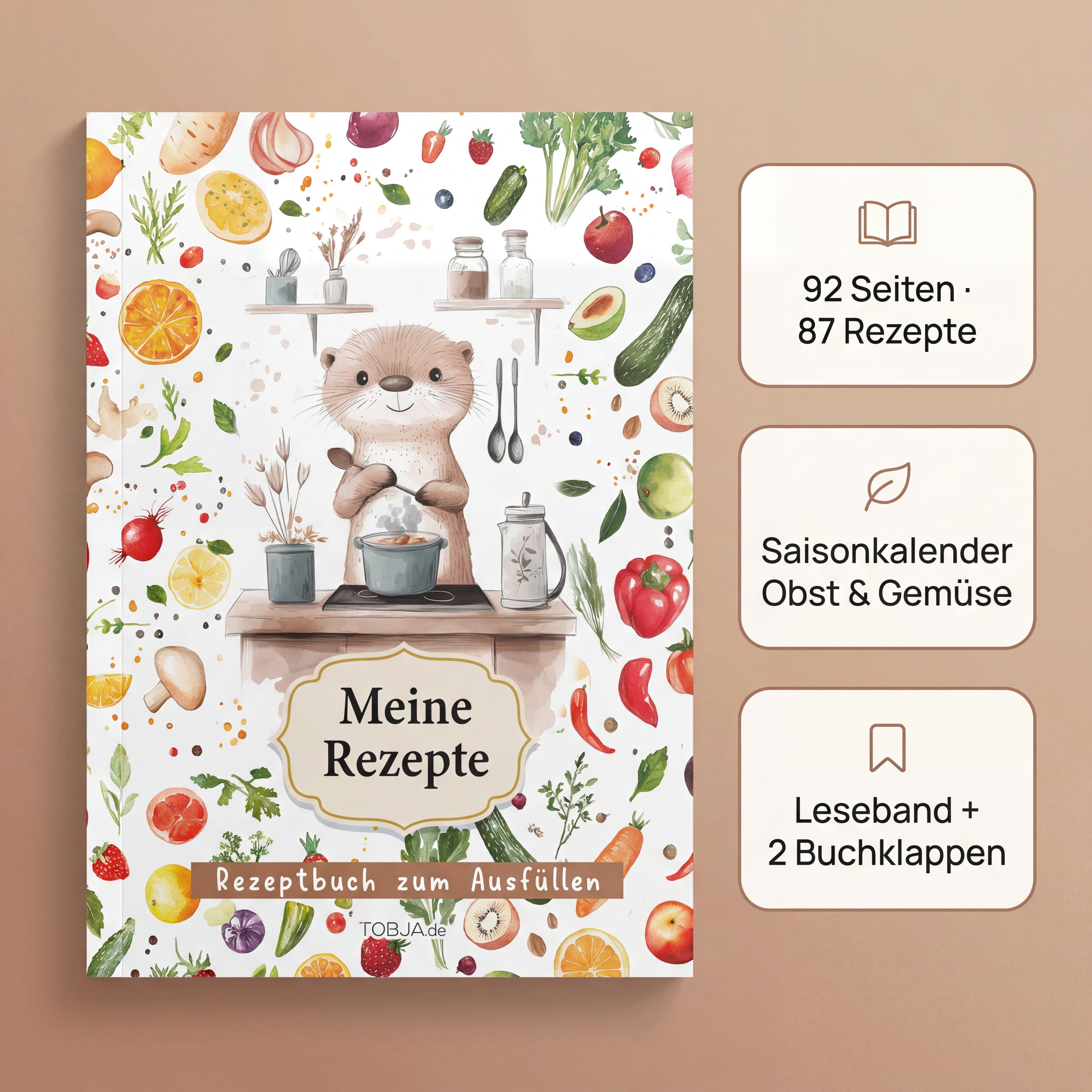 TOBJA Notizbuch Rezeptbuch zum selberschreiben DIN A5 Otterliebe, Saisonkalender, Register, Buchklappen, Leseband – Rezepte – Bild 3 von 5