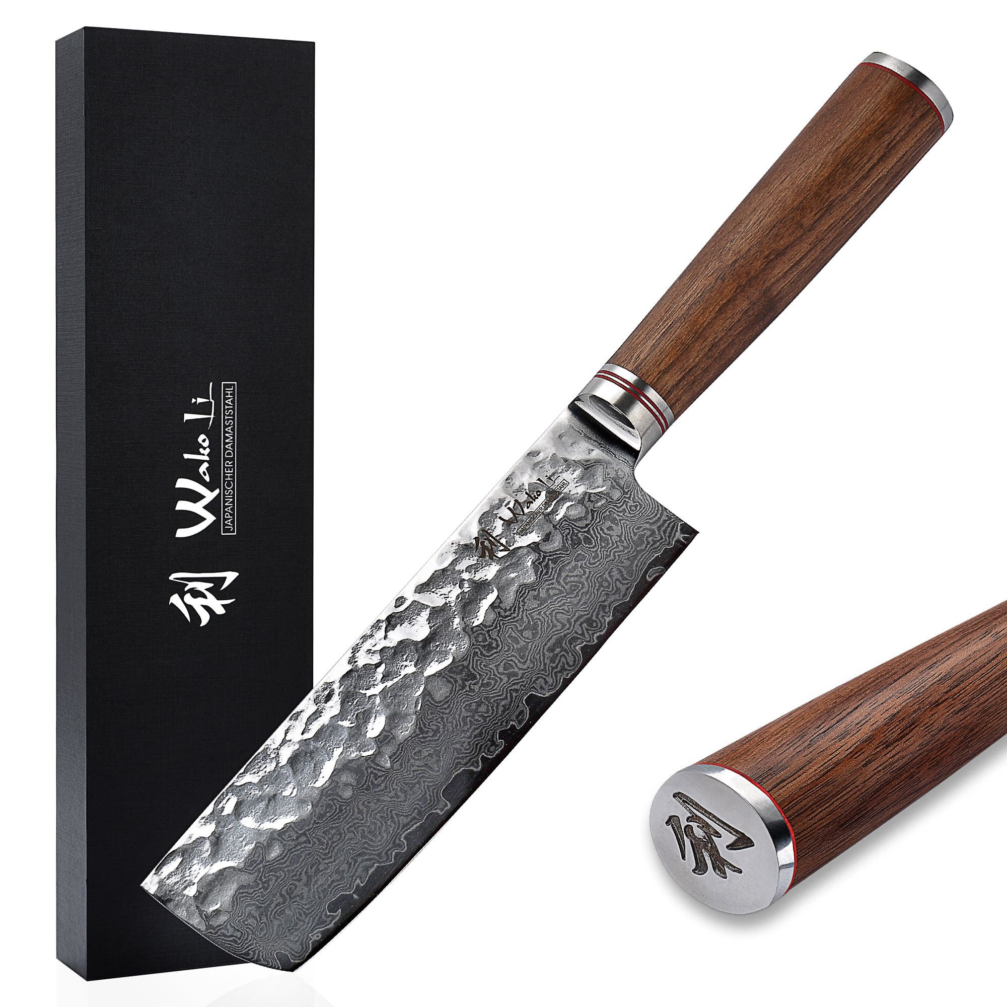 Wakoli Asiamesser Nussbaum Damast Nakirimesser I Kochmesser Küchenmesser 16,5 cm Klinge, aus 67 Lagen Damaststahl, VG10 Kern