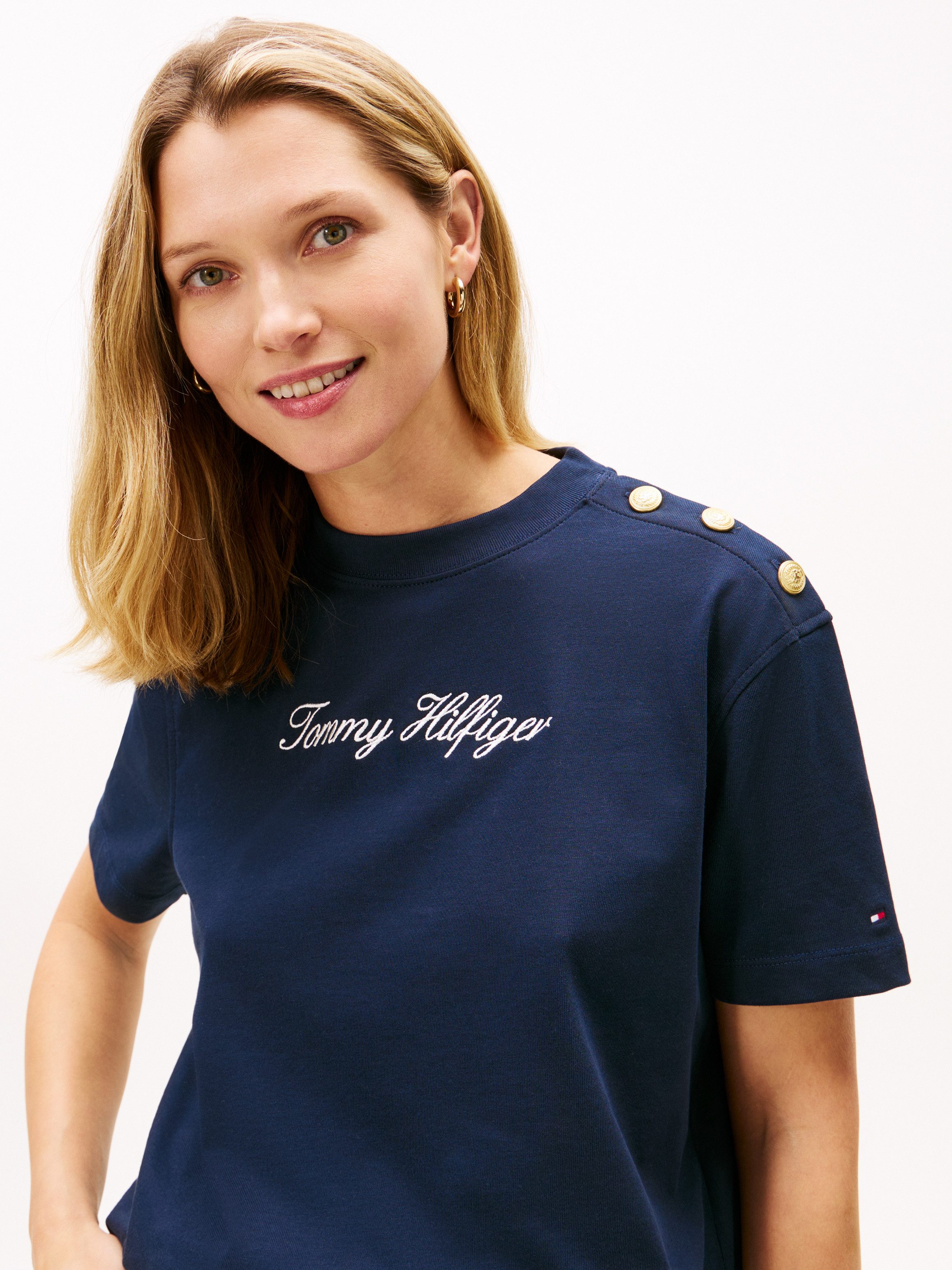 Tommy Hilfiger Kurzarmshirt GOLD BTN SCRIPT MDRN SS TEE mit goldfarbenen Kn günstig online kaufen