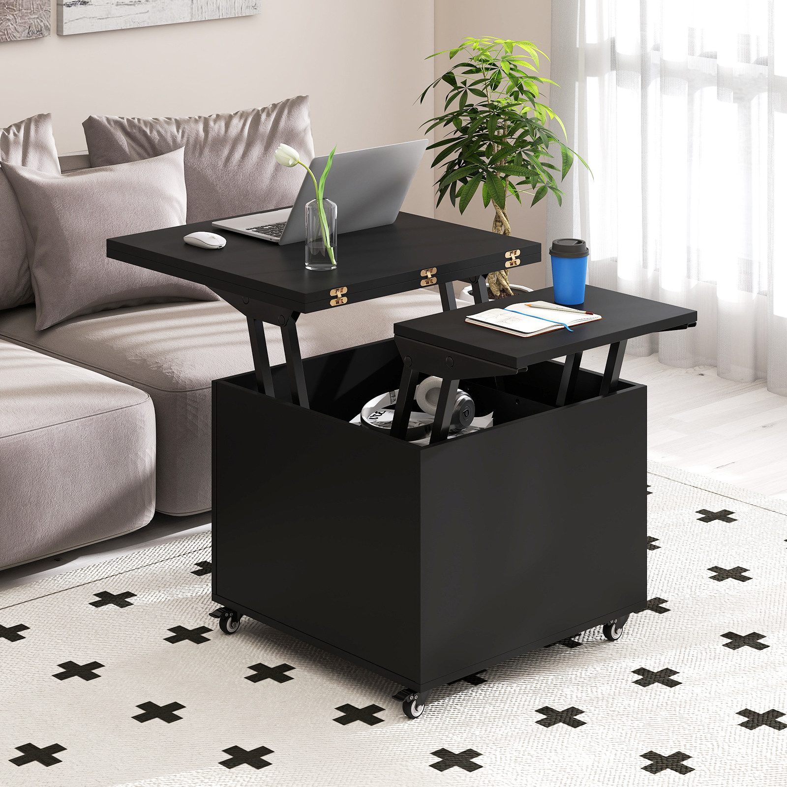 COSTWAY Couchtisch umwandelbar höhenverstellbar mit Schublade, Rollen, Stauraum – Bild 2 von 5