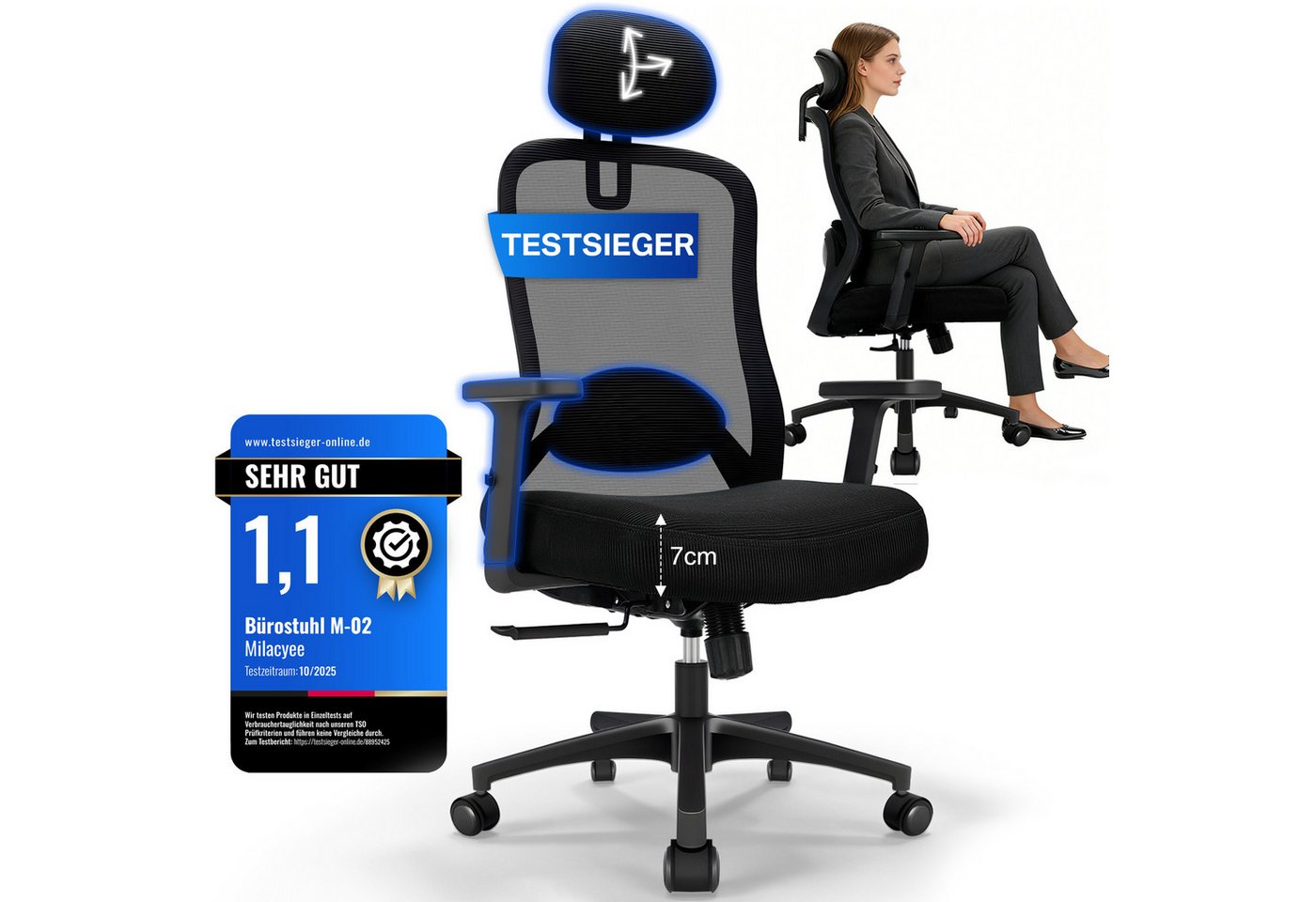 Milacyee Bürostuhl Chefsessel Wippfunktion 200kg belastbar ergonomisch,Bürostuhl (Verstellbare und feststellbare Lendenstütze + Kopfstütze + höhenverstellbare Armlehnen), maximale Neigung bis 130°.