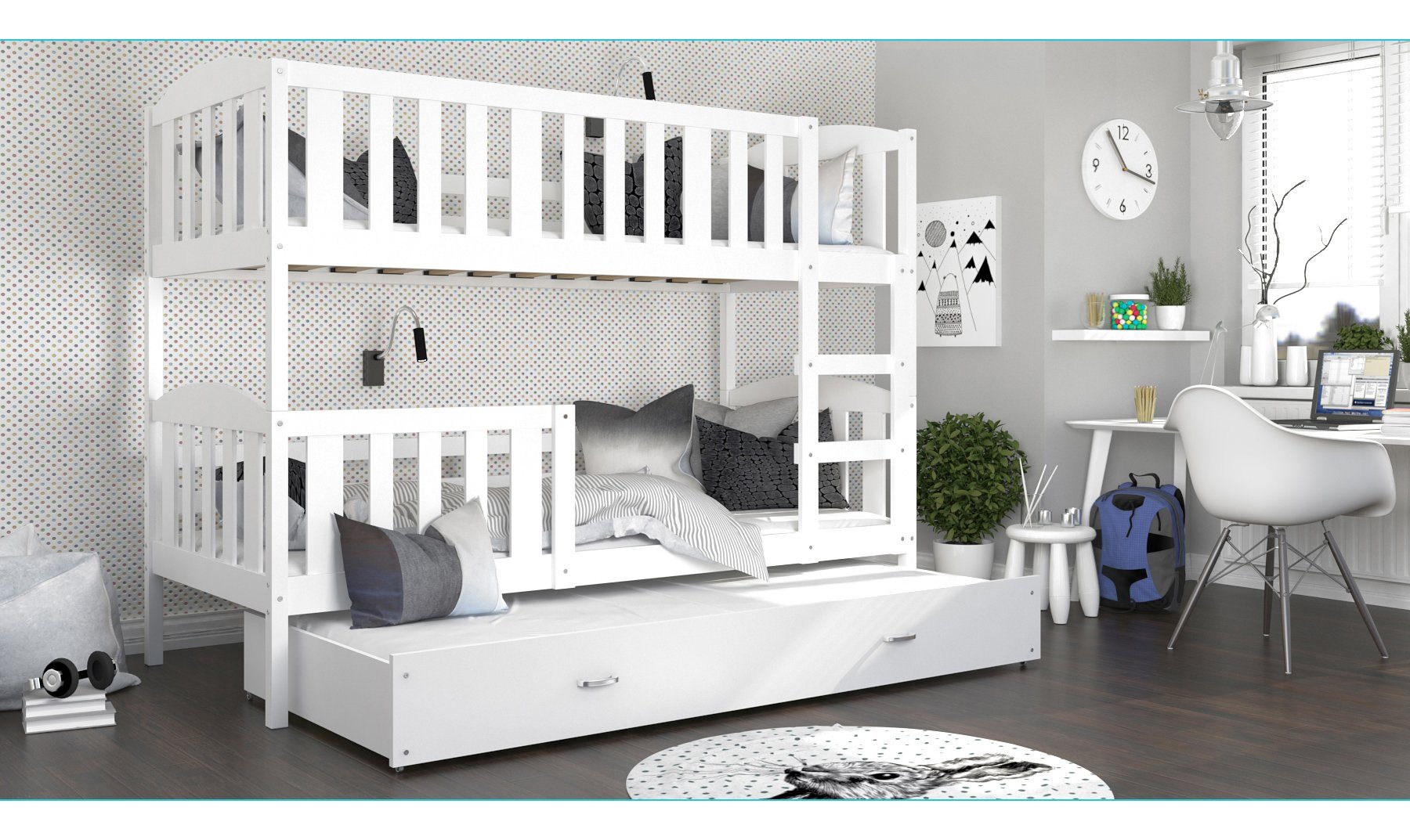 Siblo Kinderbett Rupert (Flexibler Lattenrost, Bett Schublade, Sicherheitsbarriere, Schaummatratzen), Massivholz, Möbelplatte Weiß