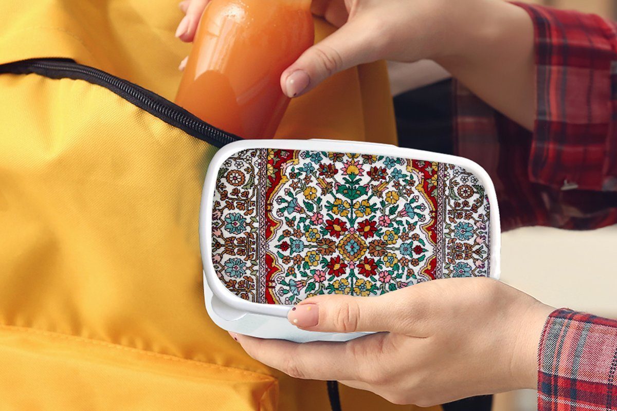 Brotdose, Farben, Brotbox Lunchbox MuchoWow Kunststoff, - Erwachsene, (2-tlg), - für Mädchen Jungs und Teppiche und Teppiche Muster weiß - für Kinder Persische