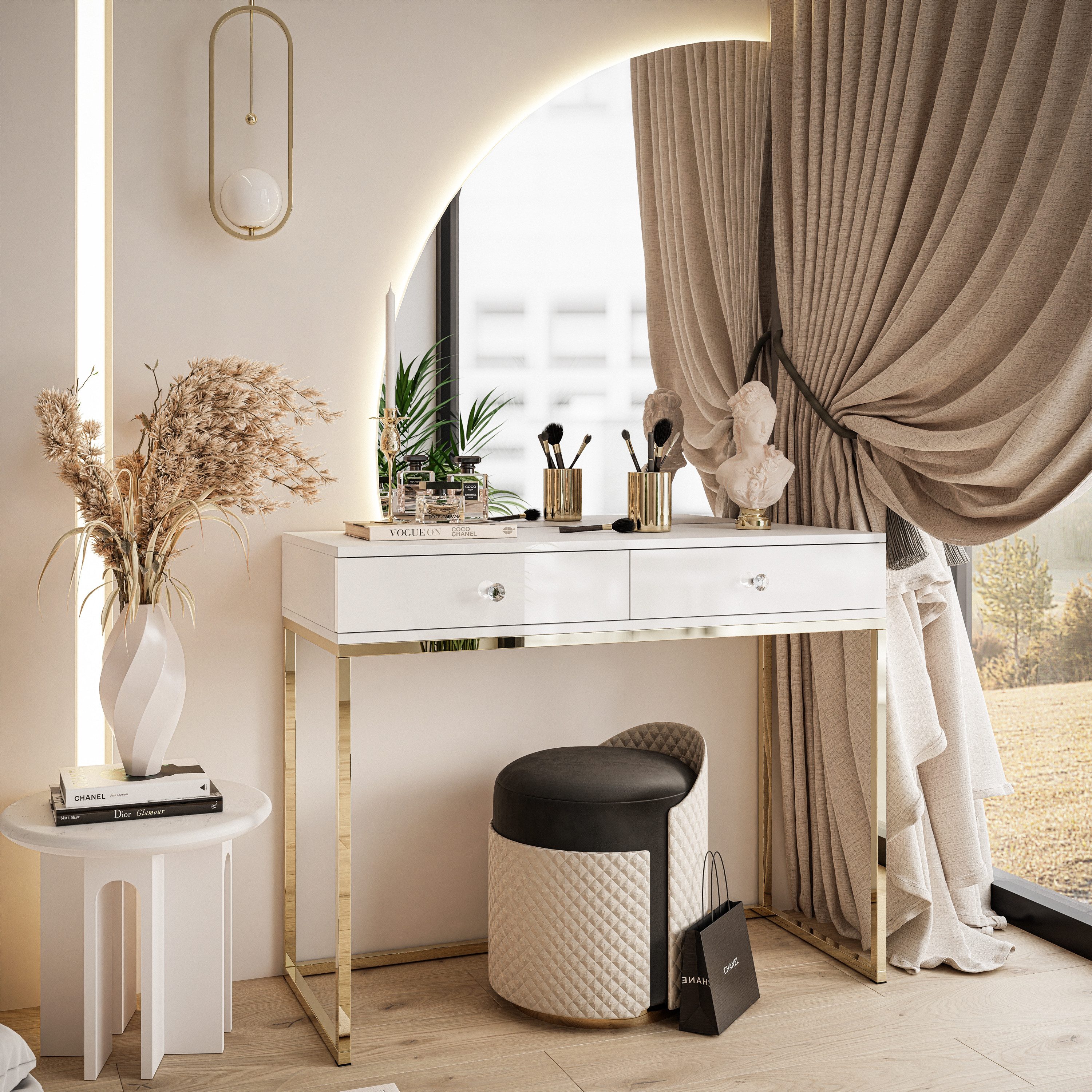 Lookway Schminktisch QUINNIE Weiß mit Goldchrom-Gestell günstig online kaufen
