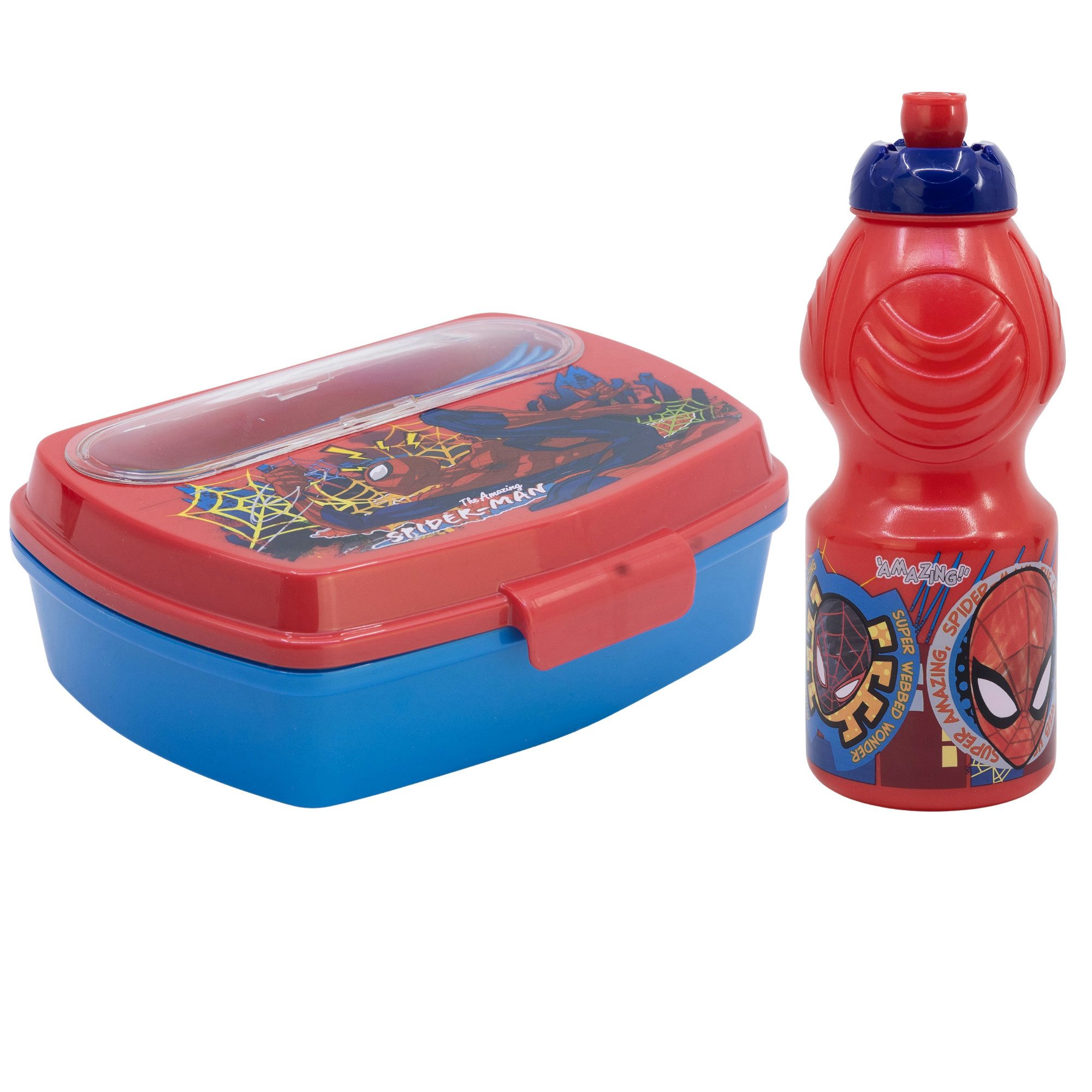 MARVEL Lunchbox Marvel Spiderman 4 tlg Kinder Set Brotdose Trinkflasche 400 ml Besteck, (Spar-Set, 4-tlg., Spar-Set)