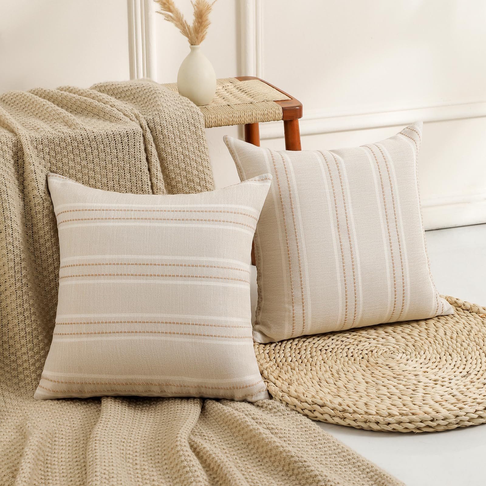 FOUORTUNATE-BEE Kissenbezug 2 Stück Farmhouse gestreift Kissenbezug Beige mit Streifen, (2 Stück), Kissenbezüge für Sofa, Couch, Bett, Wohnzimmer, Bauernhaus-De – Bild 2 von 5