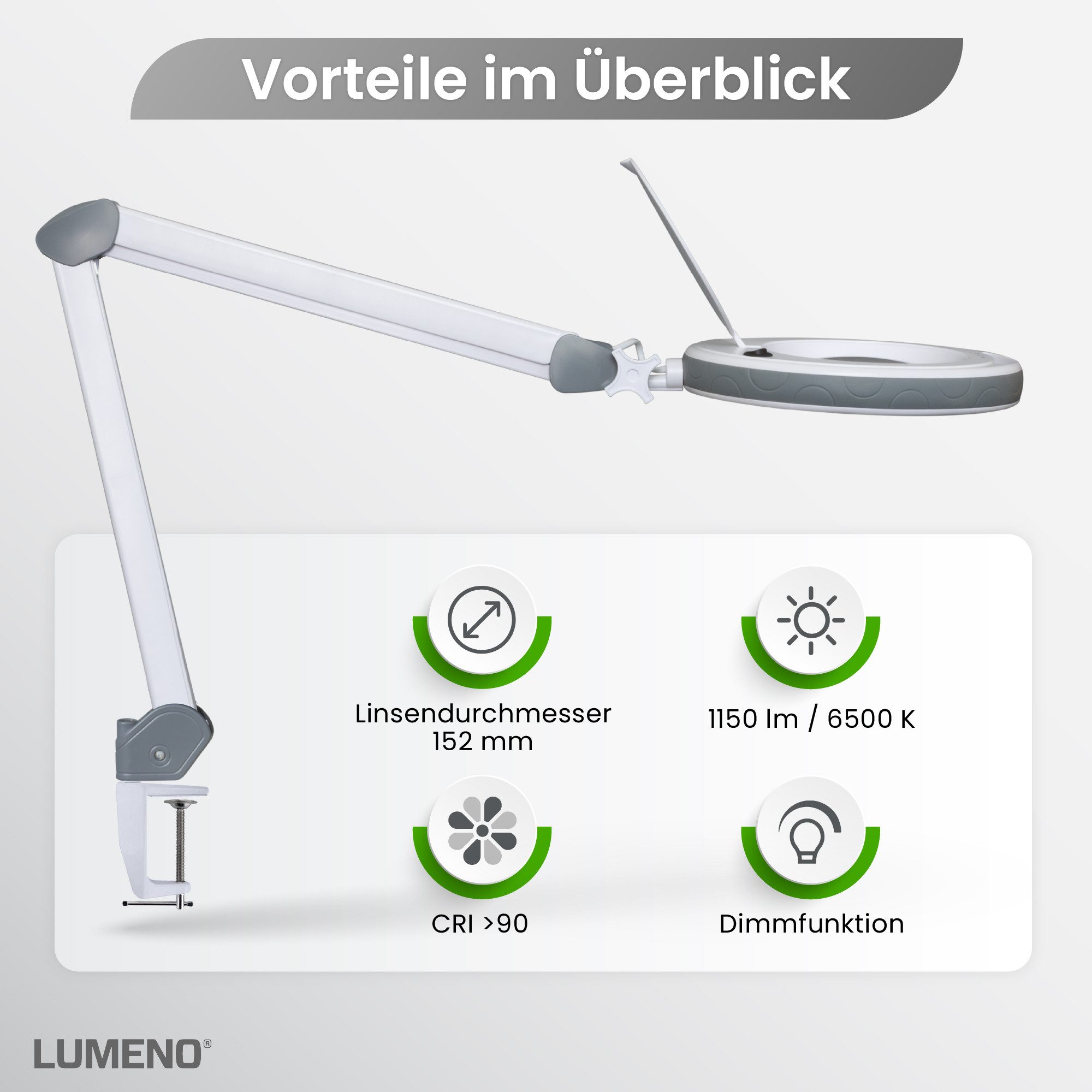 Lumeno Lupenlampe 851X dimmbare LED-Lupenleuchte, 152 mm kristallklare Linse, LED fest integriert, Kaltweiß, 6500 K