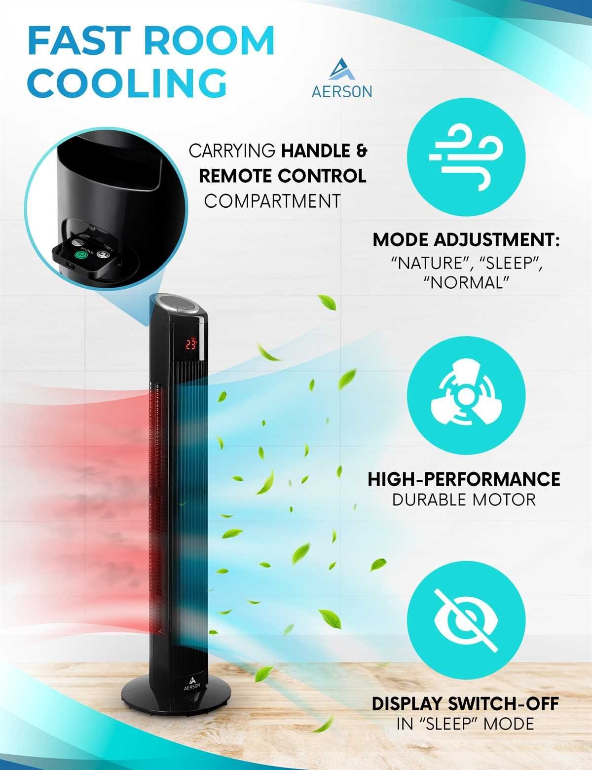 AERSON Turmventilator Ventilator mit Fernbedienung & Timer 90 cm, Tower Fan Oszillation, 3 Stufen, LED Display Raumtemperaturanzeige 45 W