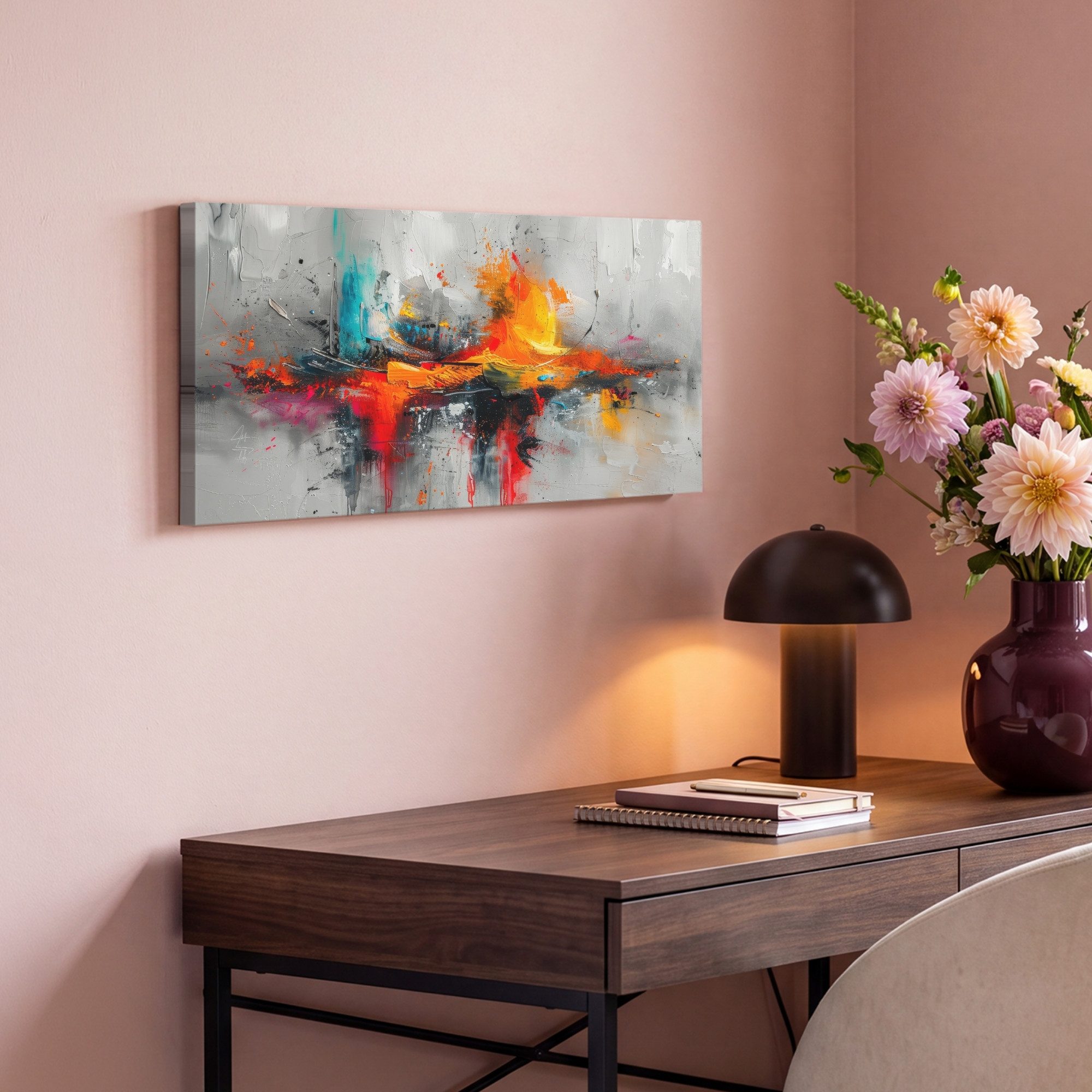 OneMillionCanvasses® Leinwandbild Panorama Modern - Orange - Grau - Kunst, Fotodruck (1 St), Wandbild, Deko Schlafzimmer Wohnzimmer Flur 40x20 cm – Bild 4 von 5