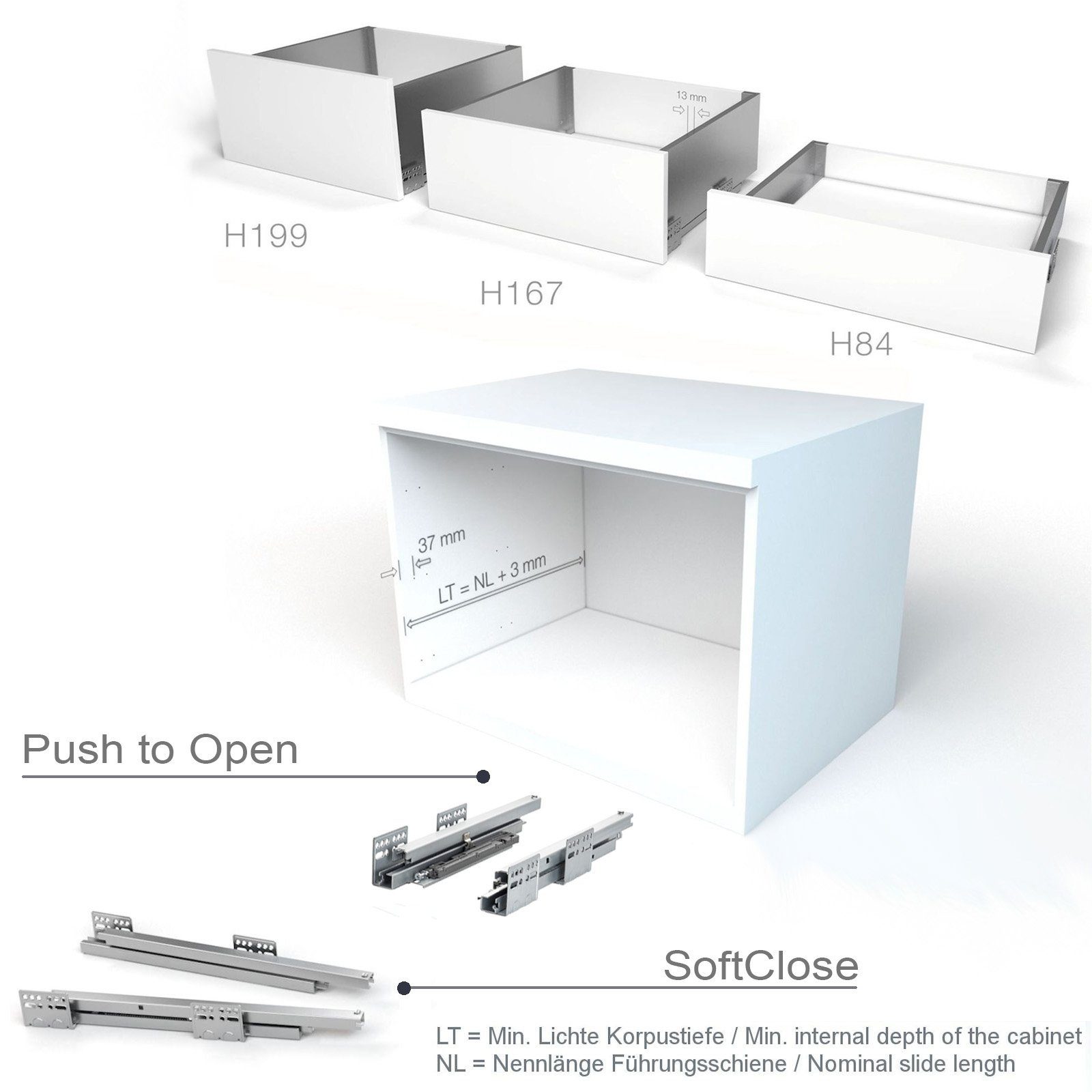 SO-TECH® Schubkasten System JUNKER SLIM H: 167 mm bis 35 kg Last mit Push to open, anthrazit, 13 mm schlanke Schubladenzargen, Nennlänge 500 mm