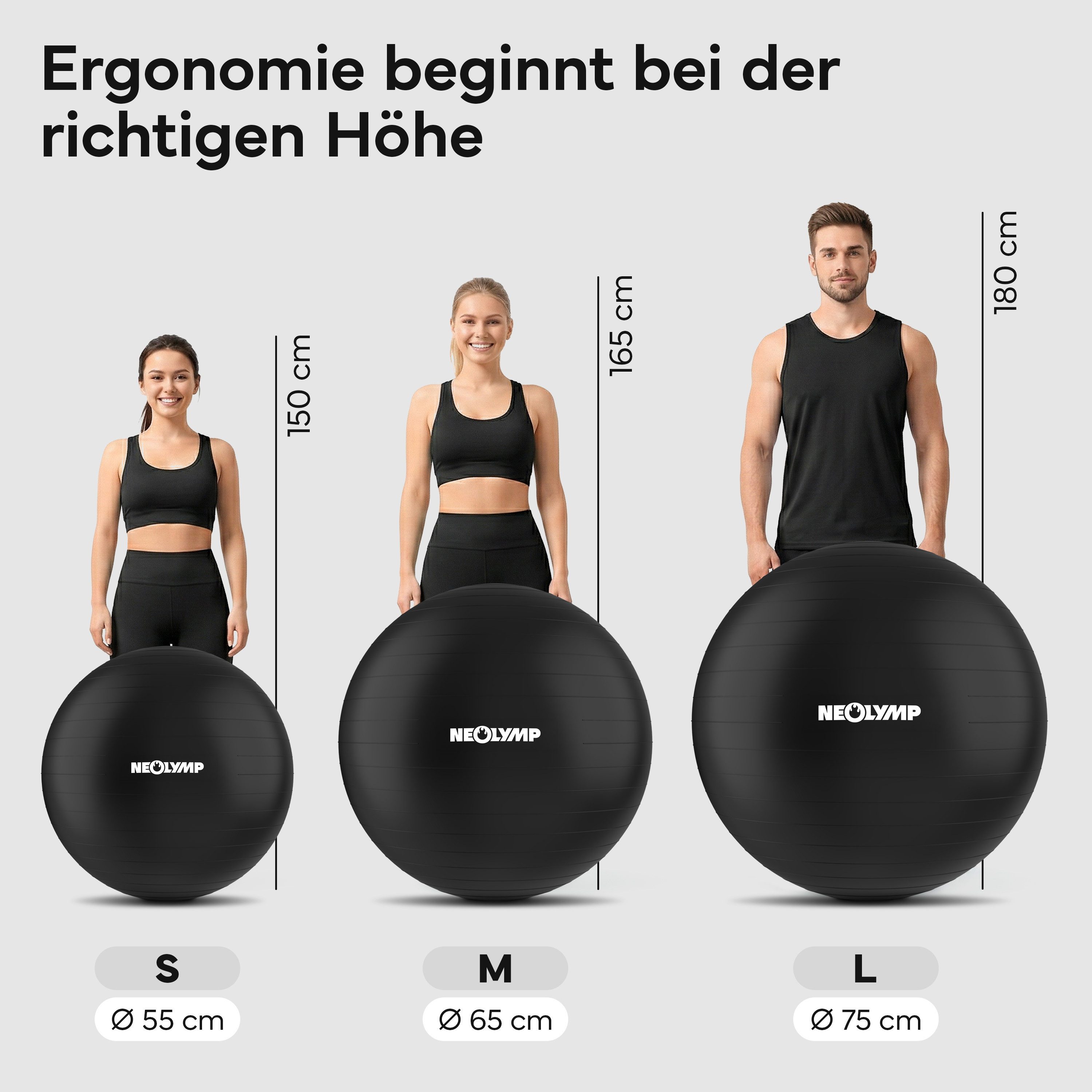 NEOLYMP Gymnastikball Sitzball Büro ergonomisch in 3 Größen S/M/L - bis 300 kg belastbar (Yoga Ball für Homeoffice, Core Training & Balance), Pilates Ball rutschfest & anti burst - Pezziball, Schwangerschaftsball