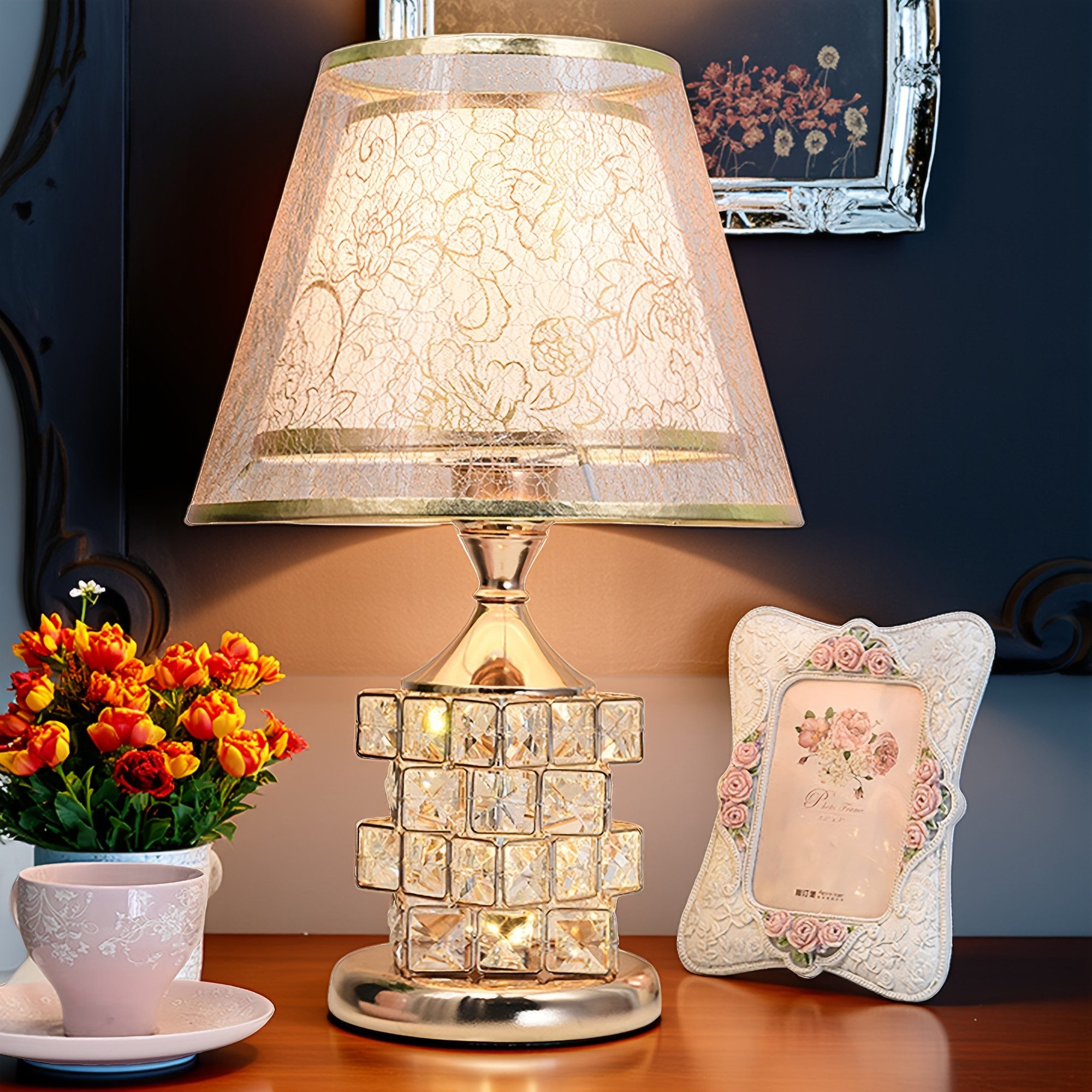 OYLCDI Nachttischlampe mit doppeltem Stoffschirm,Kristalloptik und günstig online kaufen