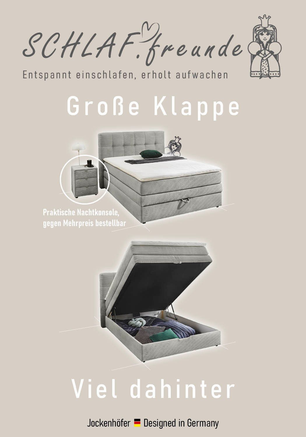 Jockenhöfer Gruppe Boxspringbett Amy im Bezugsstoff: Samtoptik, mit Bettkasten und Kaltschaum-Topper, erhältlich in 120, 140 & 180cm