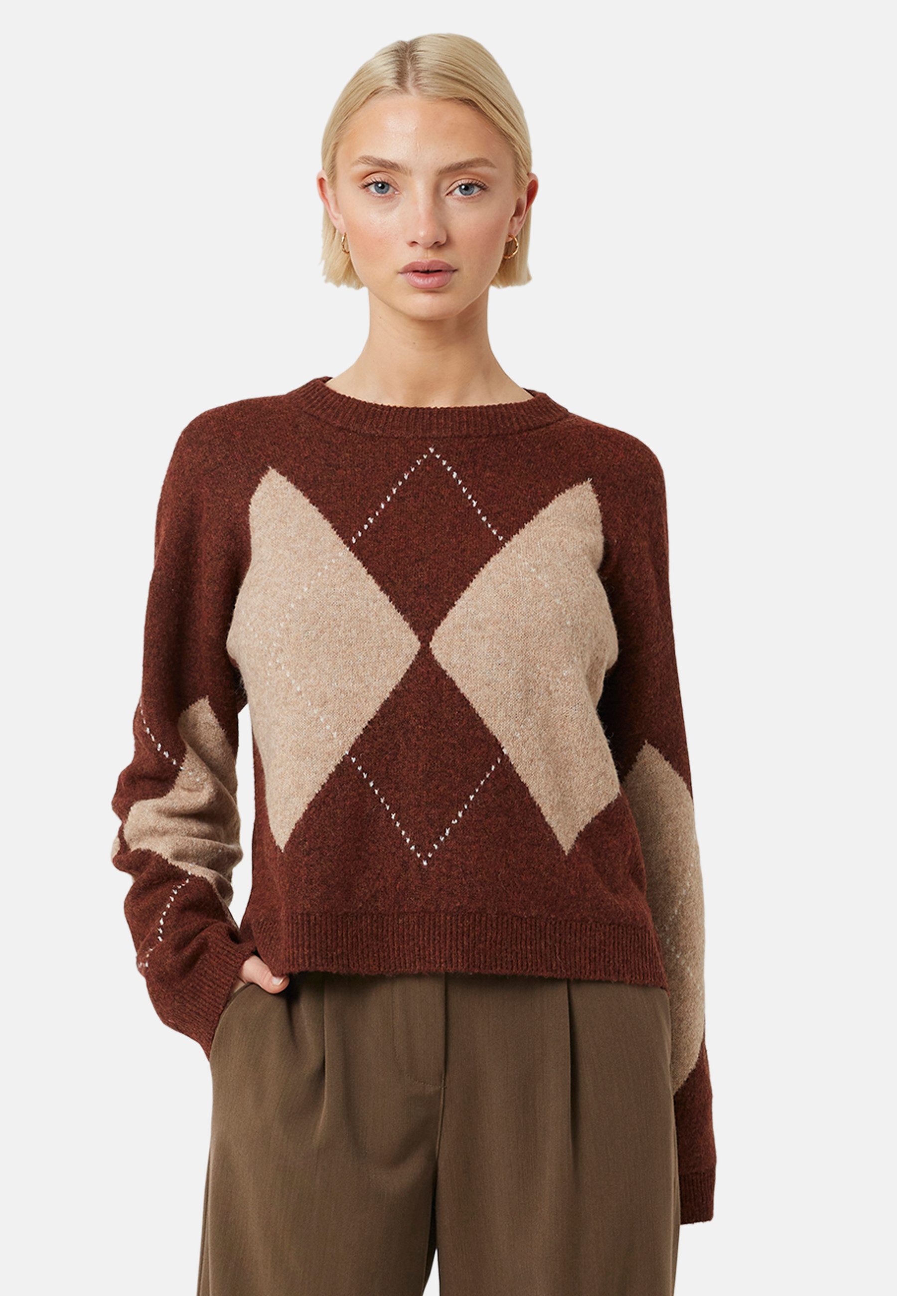 Brave Soul Strickpullover Damen-Strickpullover mit Rundhalsausschnitt und Argyle-Muster