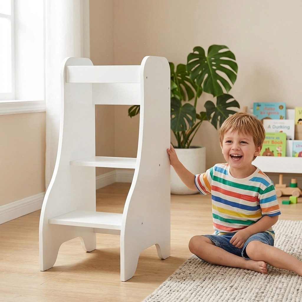 Puckdaddy GmbH Stehhilfe Lernturm ab 1 Jahr, Tritthocker Weiß, höhenverstellbar, Holz, stabil, Montessori Lernturm, Küchenhilfe, Stehturm für Kinder von 1-4 Jah – Bild 4 von 5