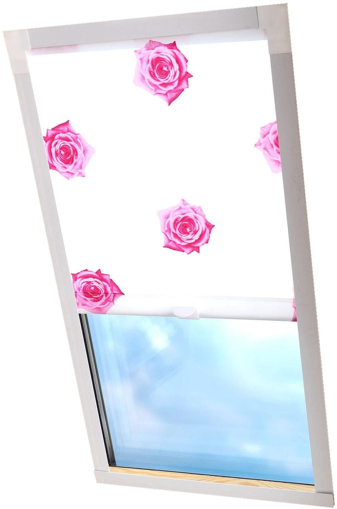 Dachfensterrollo Dekor, Liedeco, Lichtschutz, pink/weiß Führungsschienen, Dekor verschraubt, in Dachfensterrollo