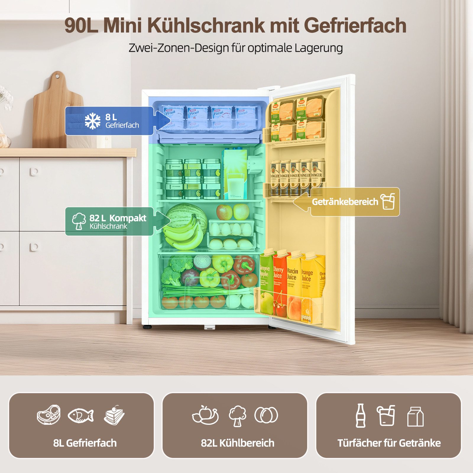 WELLENT Kühlschrank 90L Mini Kühlschrank mit Gefrierfach & Schloss, 3 Ablagen verstellbar,Türanschlag wechselbar BC-90, leise,stromsparend Kühlschrank ideal für Büro, Wohnzimmer, Camping