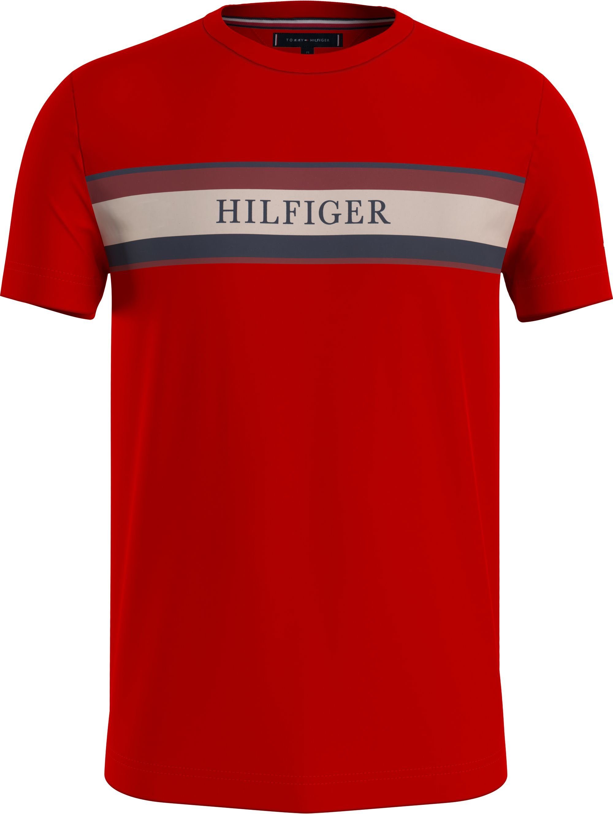 Tommy Hilfiger mit HILFIGER STRIPE CHEST auf rot Brust T-Shirt TEE der Streifenprint