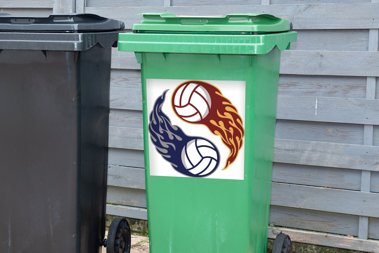 Container, brennenden Wandsticker (1 Mülleimer-aufkleber, Sticker, und Yang Volleybällen Eine in St), von Yin MuchoWow zwei Mülltonne, Abfalbehälter Illustration