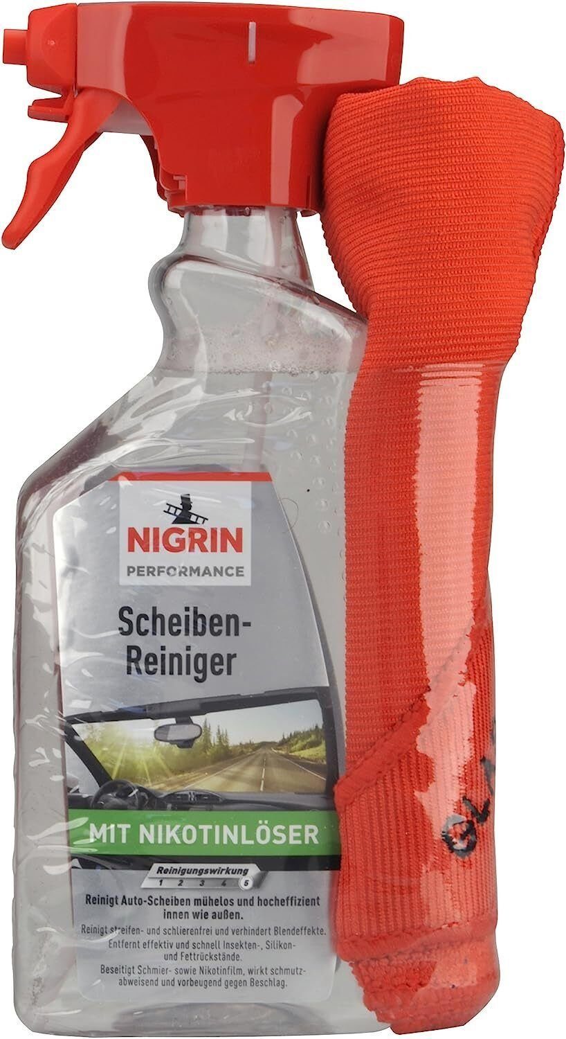 NIGRIN Performance Scheiben-Reiniger 500 ml Pumpspray Glasreiniger mit Tuch Scheibenreiniger (mit Nikotinlöser)