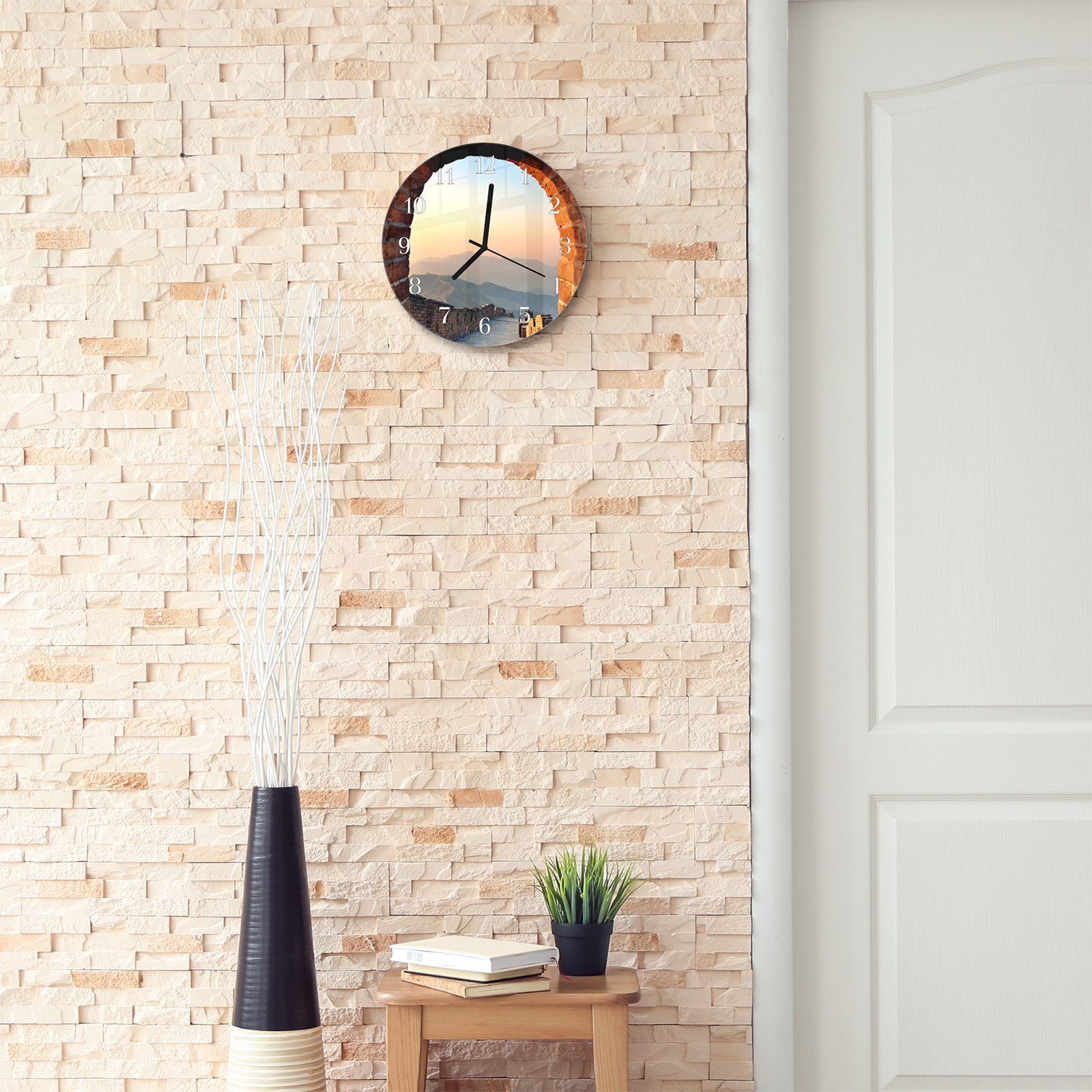 Wanduhr aus Quarzuhrwerk 30 cm mit Motiv Primedeco Aussichtspunkt Sonnenaufgang mit an Rund - und Wanduhr Glas Durchmesser