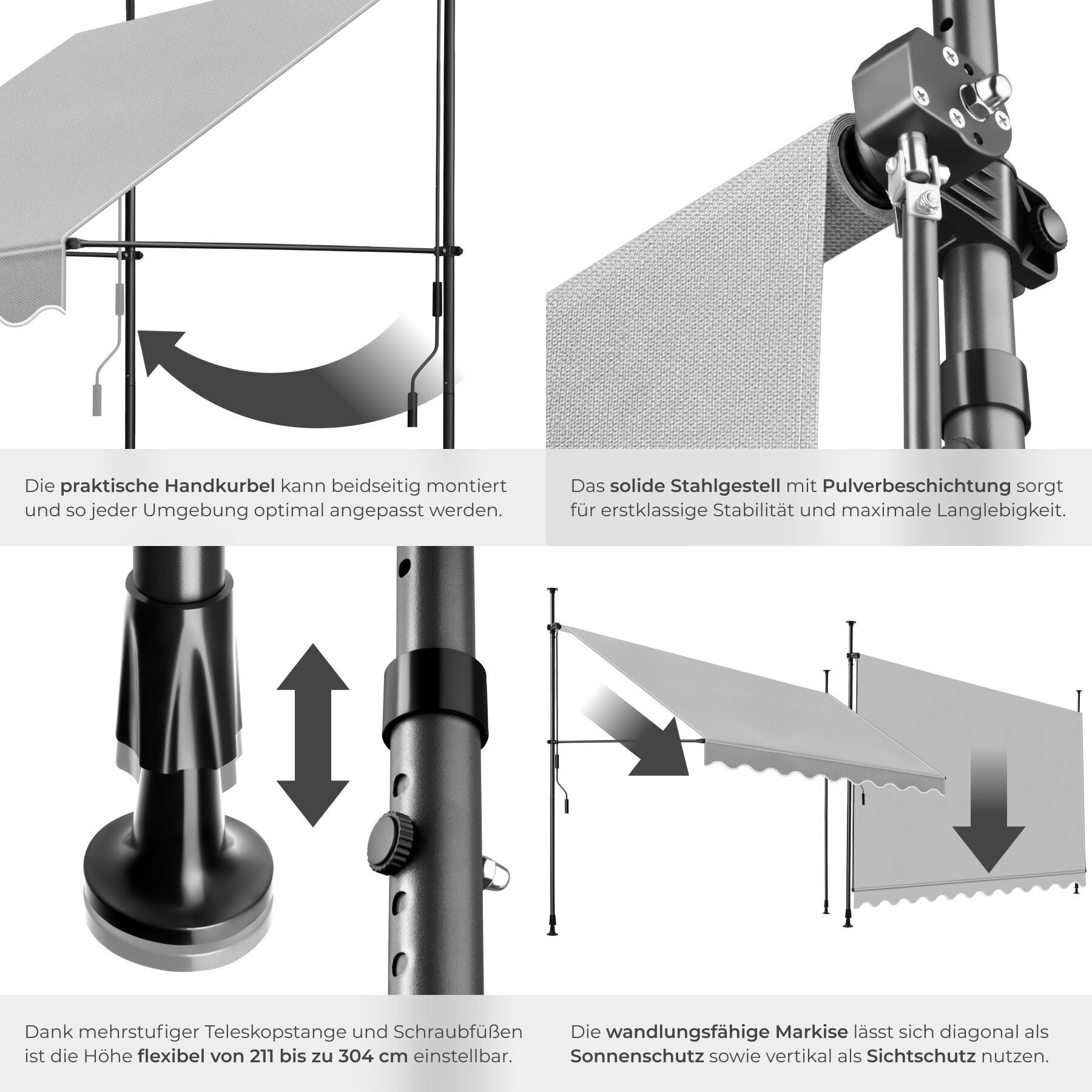 tectake Klemm-Senkrechtmarkise Klemmmarkise mit Handkurbel und bis 90° neigbar, UV-beständig (Sichtschutz/Sonnenschutz, Balkonmarkise für Terrasse und Garten, i – Bild 5 von 5