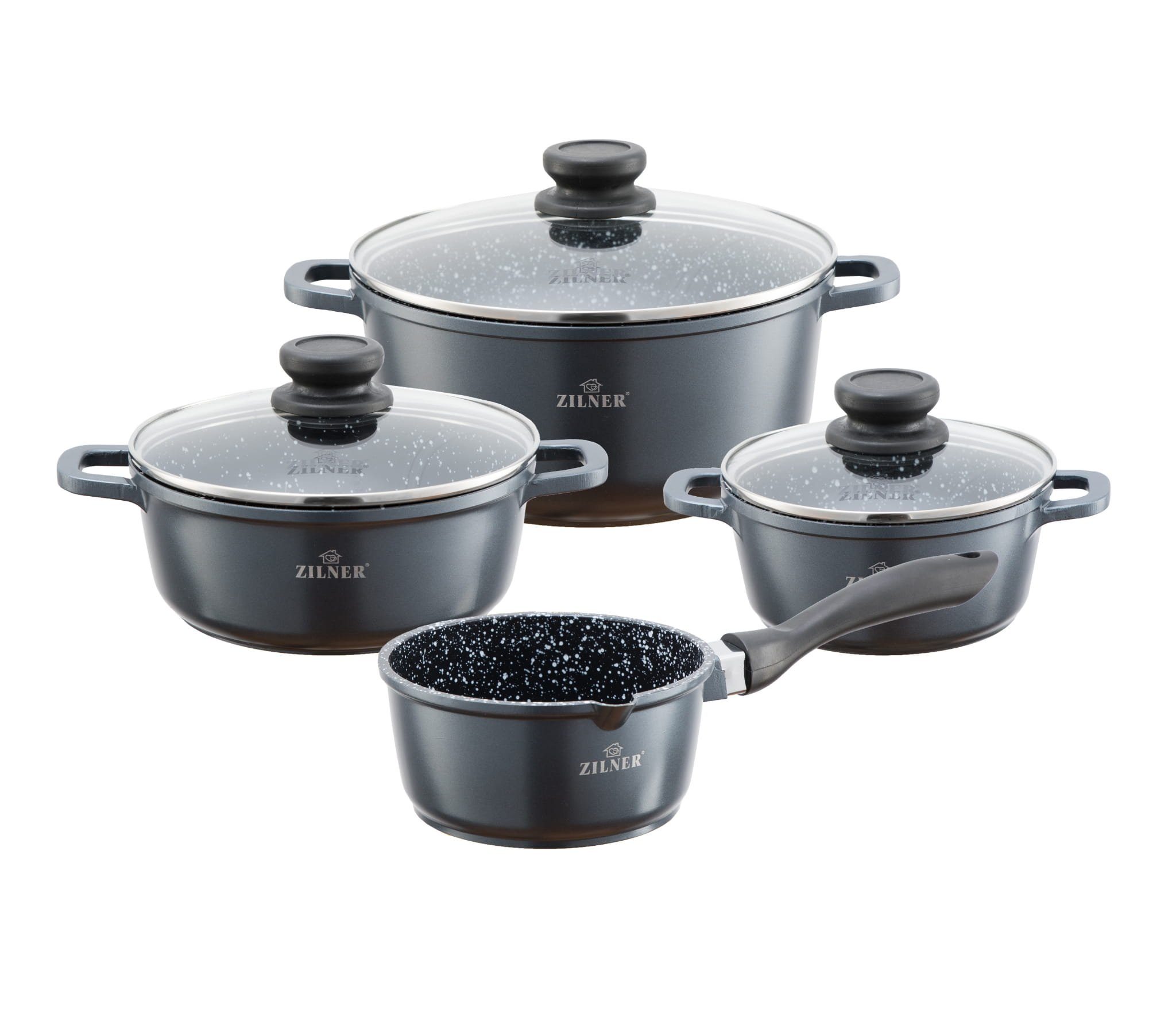 Zilner Topf-Set 8 tlg. Schwarze Topfset mit Marmorbeschichtung, Induktionstöpfe, Aluminium, Edelstahl, Keramik (1.3L / 1.3/ 2.2L / 4.2L, 7-tlg., Eine ideale Geschenkidee! Hochwertig)