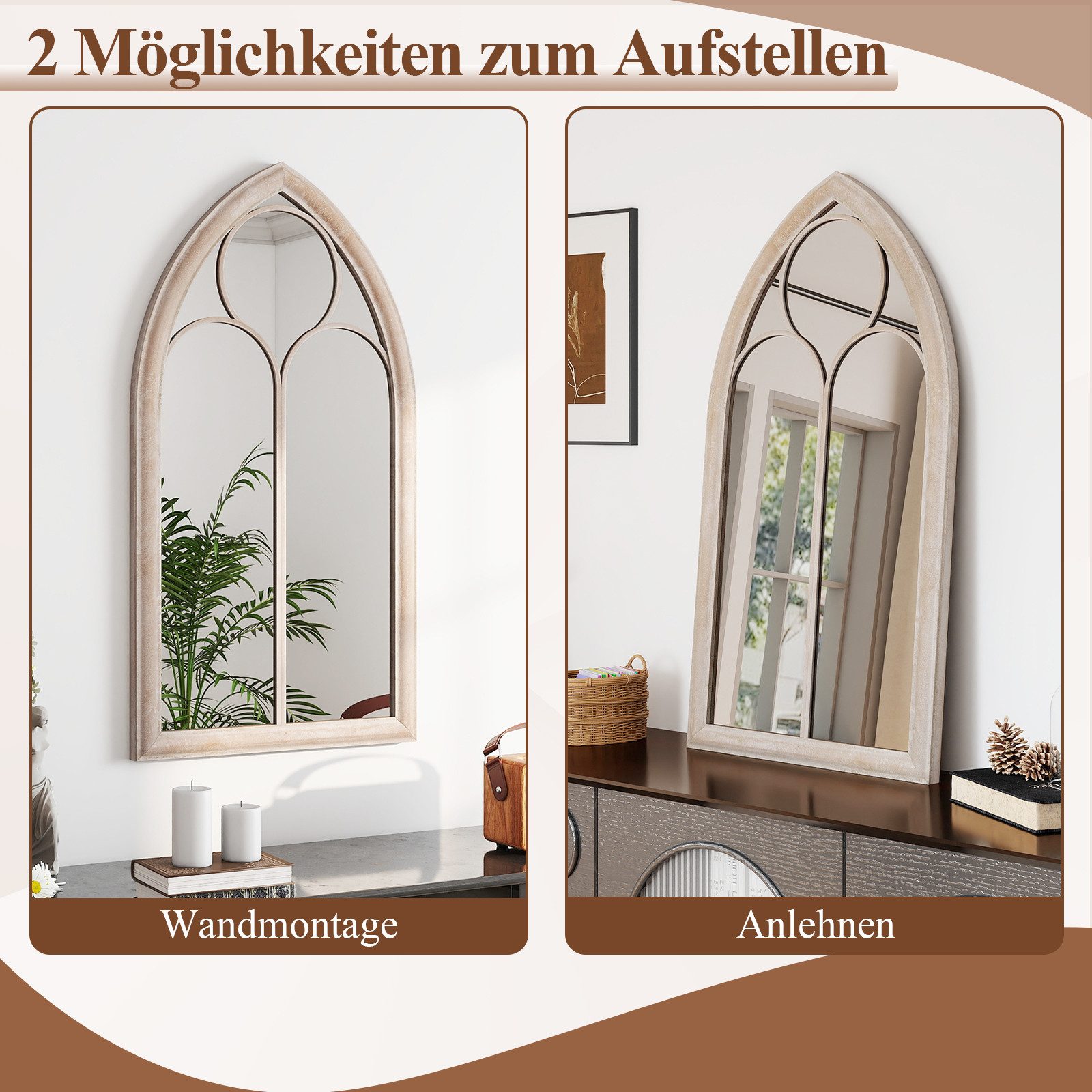 COSTWAY Dekospiegel, Farmhouse Fensterrahmen Spiegel, gewölbter Wandspiegel