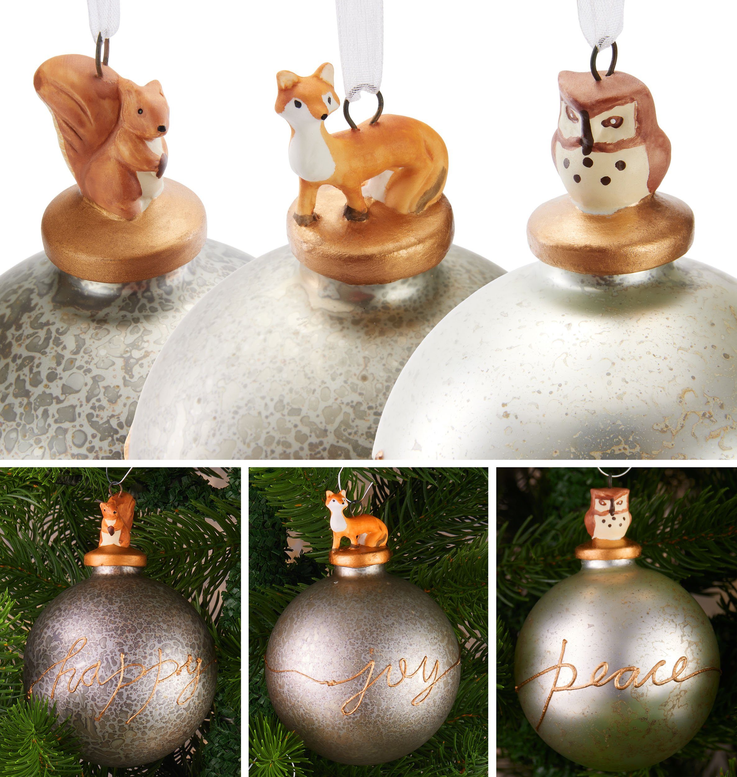 BRUBAKER Weihnachtsbaumkugel 3er Set Weihnachtskugeln - Premium Glas Baumkugeln mit Porzellan Figur (3 St), Moderne Weihnachtsdekoration - 8 cm Christbaumkugeln Christbaumschmuck