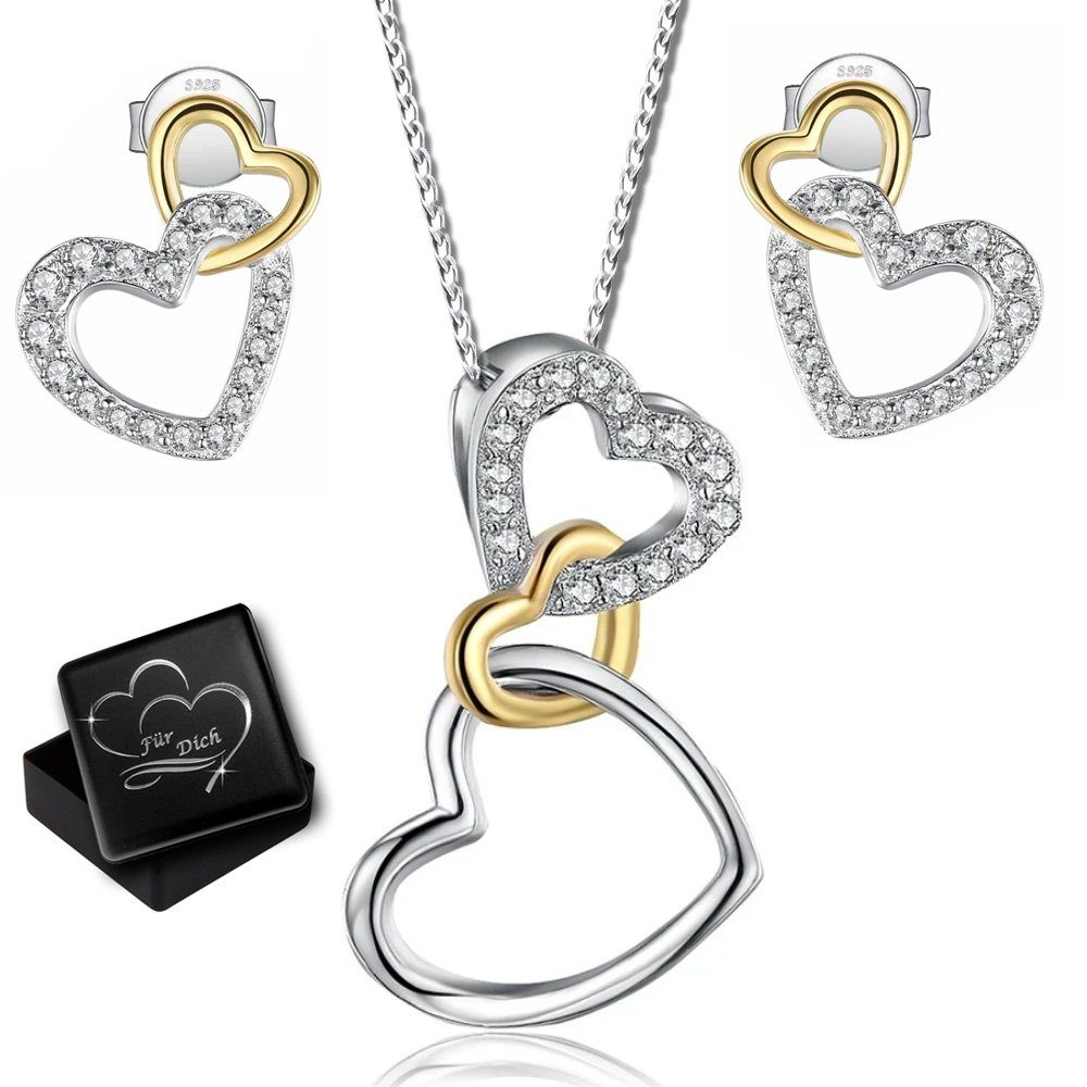 Limana Schmuckset echt 925 Sterling Silber Herz Kette mit Ohrringe Set,  Gold Anhänger Herzkette Ohrstecker Zirkonia Kristalle