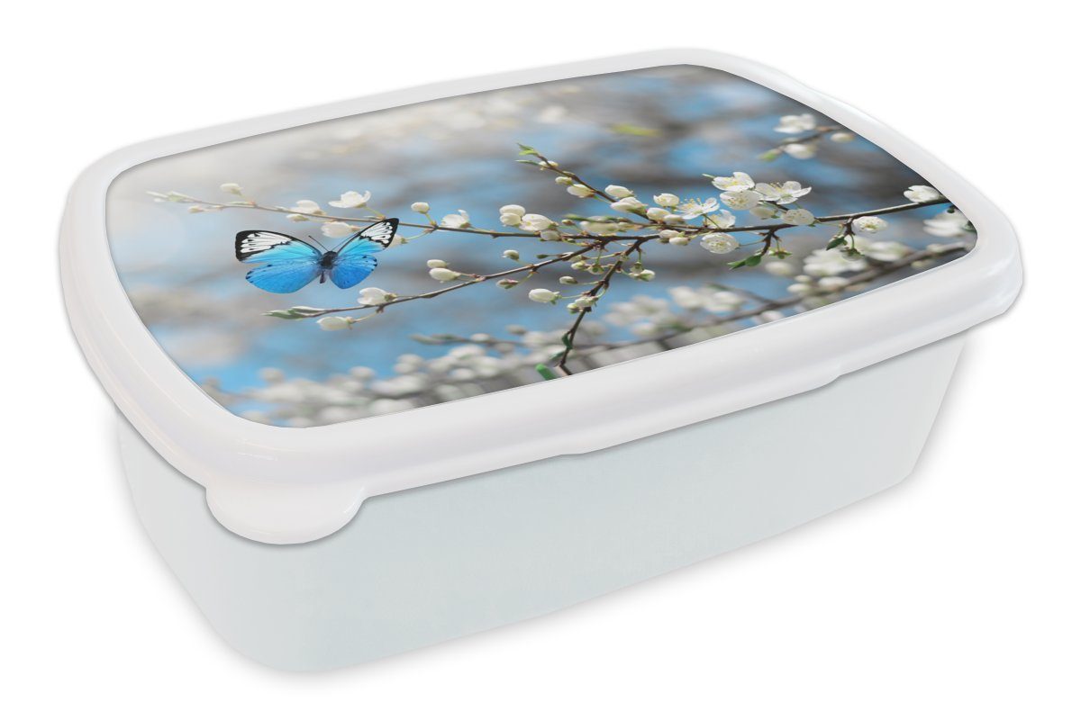 MuchoWow Lunchbox Sakura - Schmetterling - Frühling, Kunststoff, (2-tlg), Brotbox für Kinder und Erwachsene, Brotdose, für Jungs und Mädchen weiß