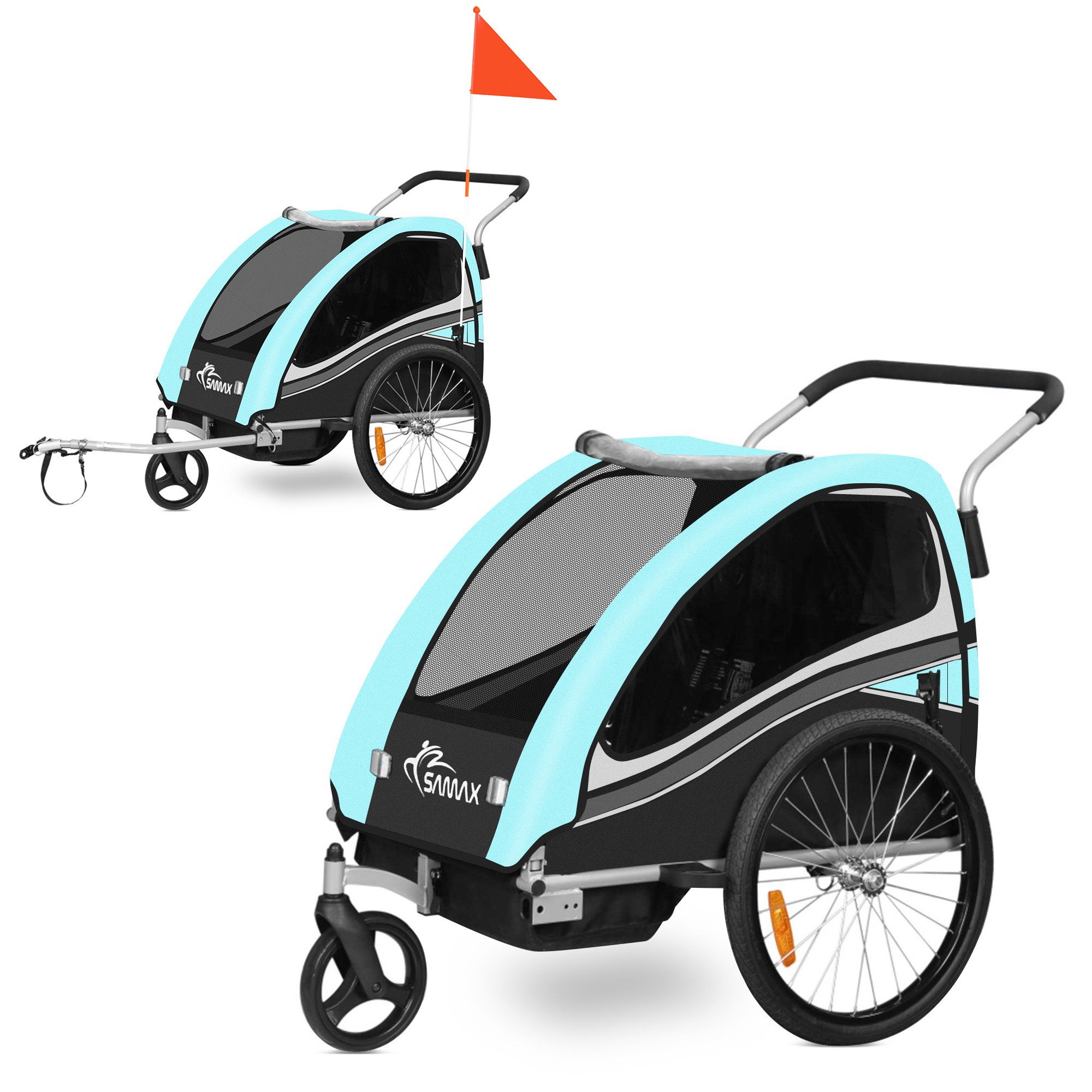 SAMAX Fahrradkinderanhänger 360° drehbarer Fahrradanhänger 2in1 Jogger - in Türkis - Black Edition