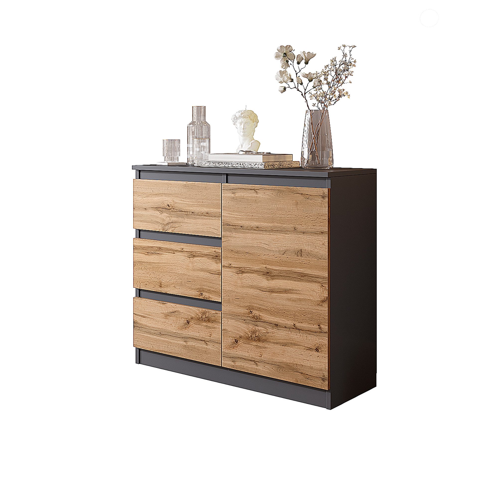 Furnica Kommode Anthrazit 80 cm mit 3 Schubladen und 1 Tür- Wohn - und Schlafzimmer