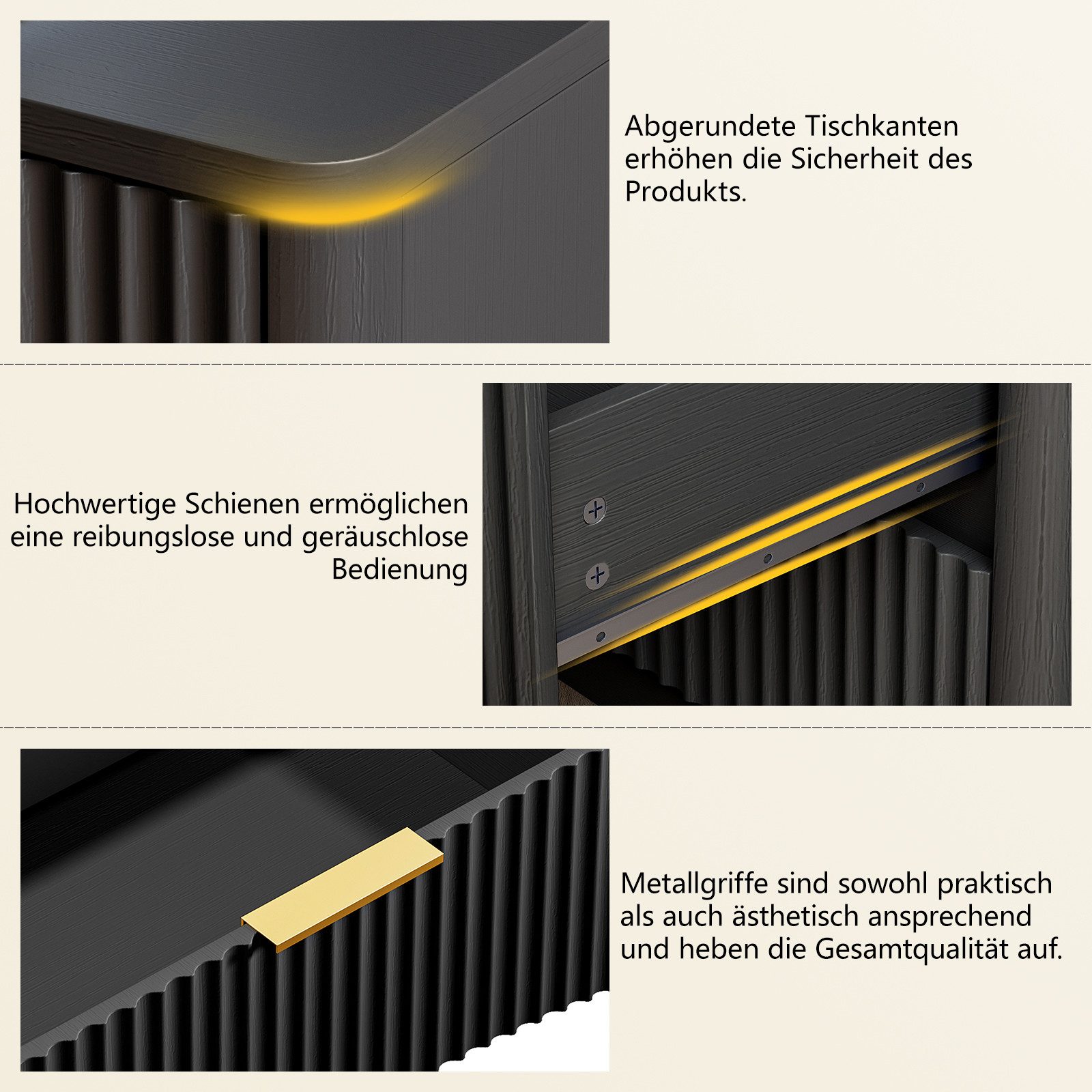 REDOM Nachttisch Kommode mit 3 Schubladen, klassisches Design mit Rillen (Metallgriffe und geräuscharme Führung, stabiles Unterteil, Eiche), Schrank