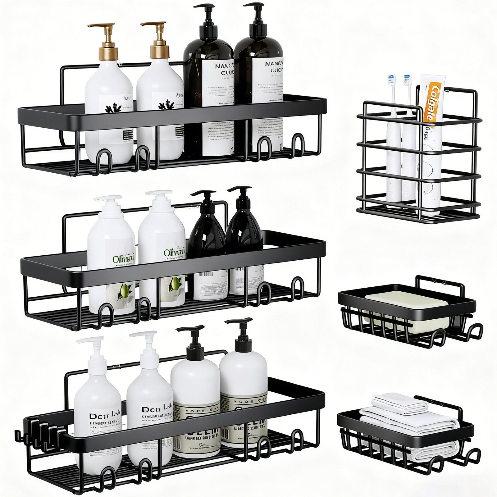 SURFOU Duschablage Ohne Bohren 6 Stuck, Stark Haftendes Duschregal,Badezimmer Regal, mit Zahnpastahalter und Seifenhalter, Duschkorb