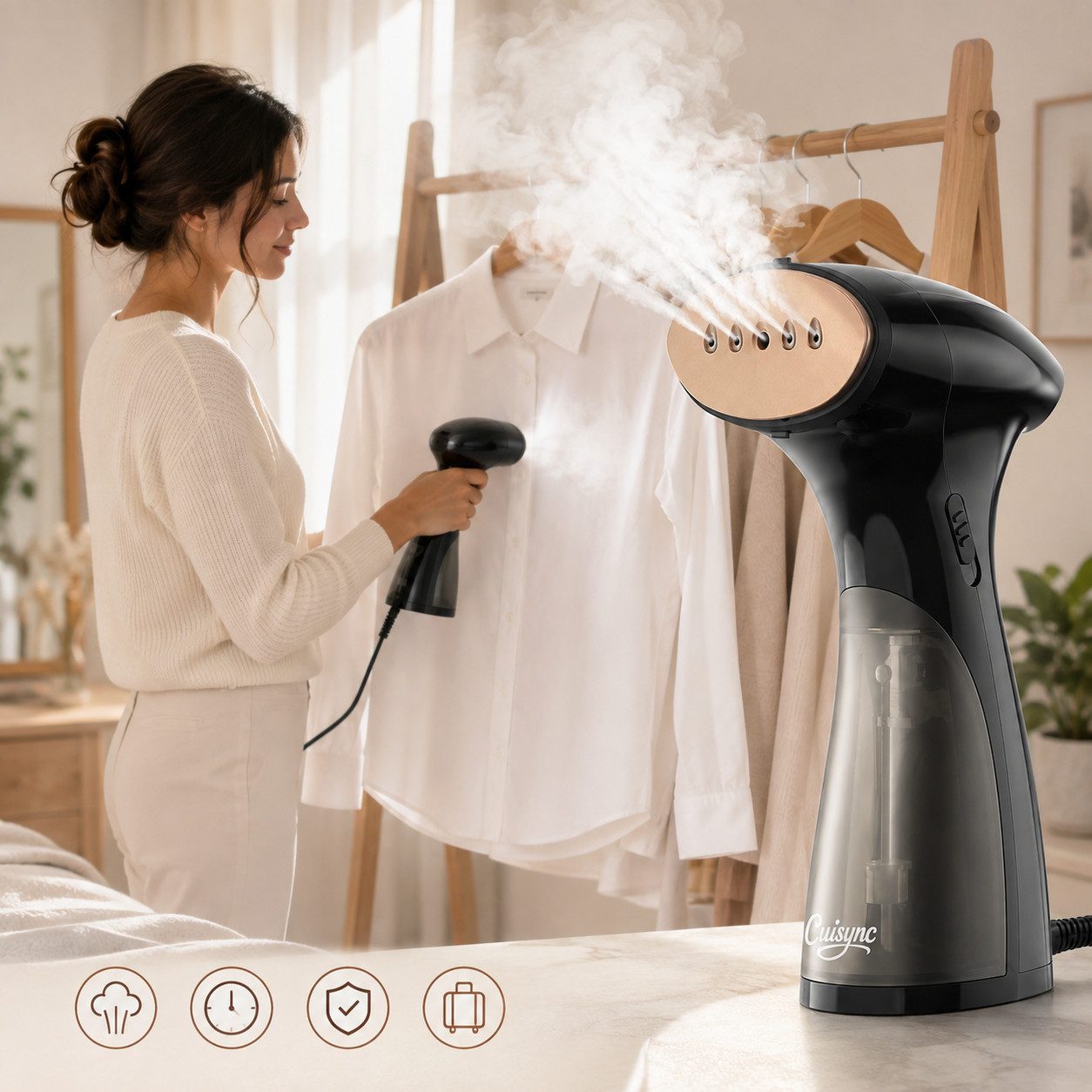 CUISYNC Dampfglätter Handdampfgerät für Kleidung, kompakter Dampfglätter, großer Wassertank, Starker Dampf, vertikal & horizontal – für Zuhause & Reisen