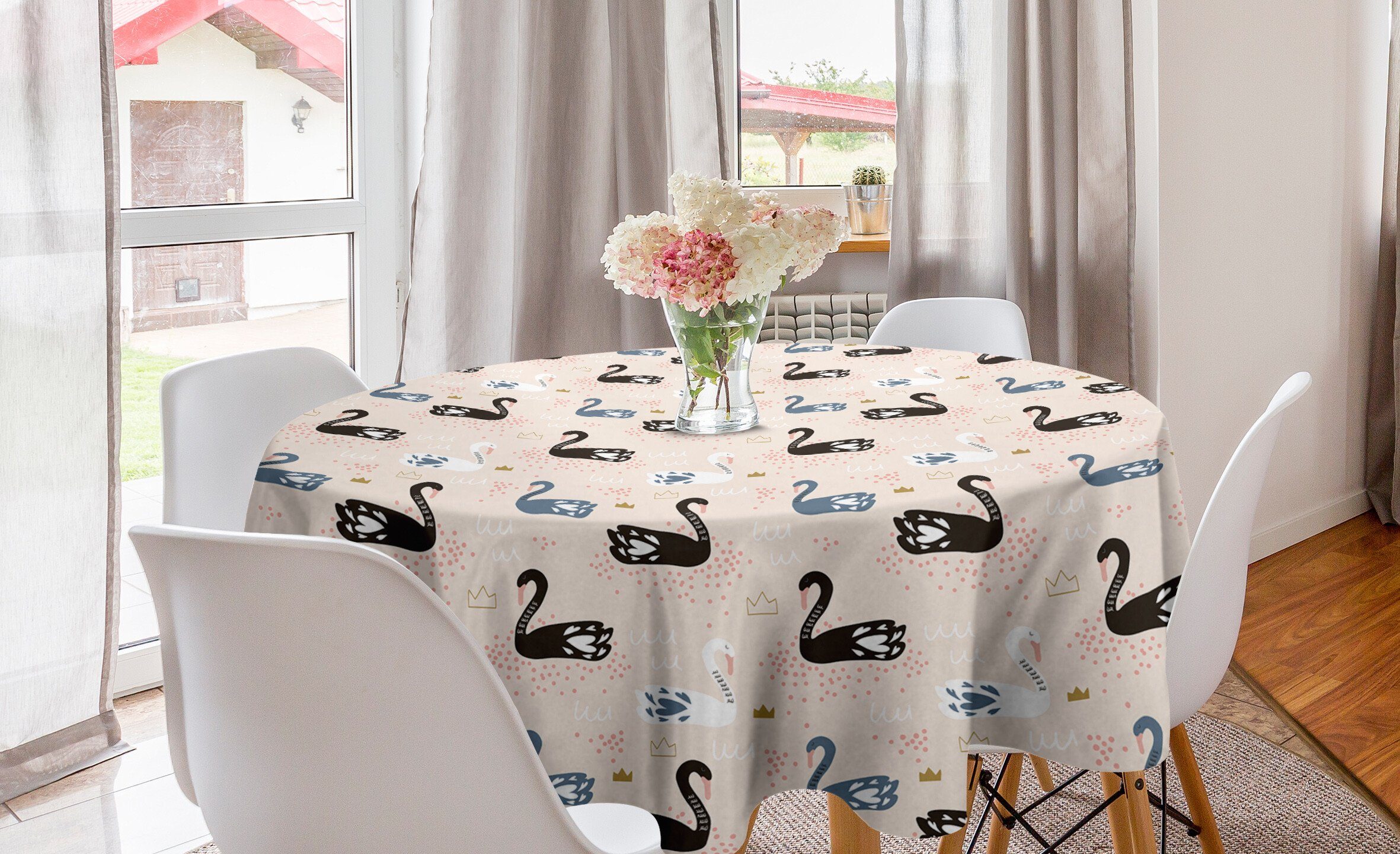 Abakuhaus Tischdecke Kreis Tischdecke Abdeckung für Esszimmer Küche Dekoration, Swans Schwarz Weiß Wasservogel