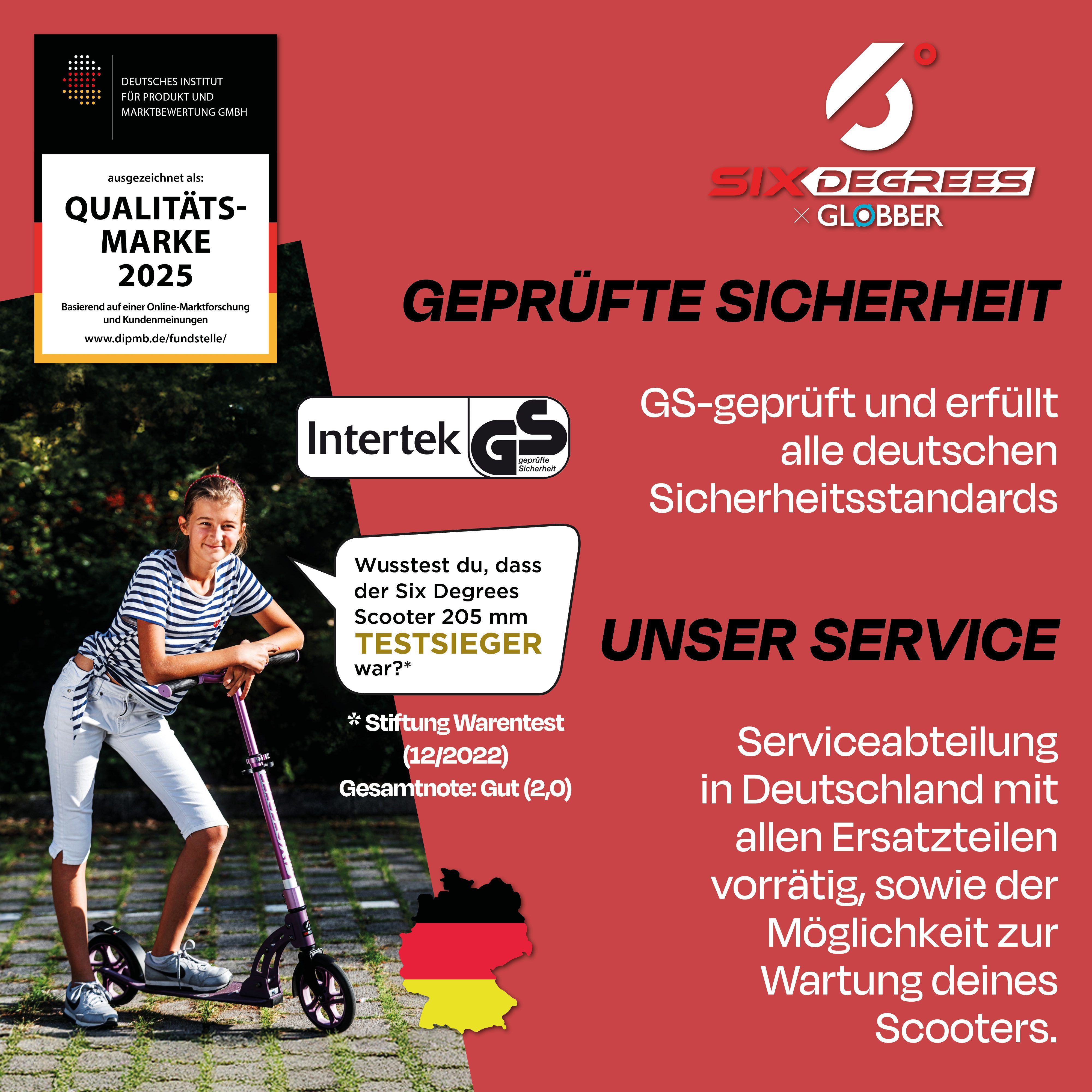 SIX DEGREES Cityroller aus Aluminium TESTSIEGER, Klappmechanismus, Ständer 205 mm PRIME, TESTSIEGER Stiftung Warentest