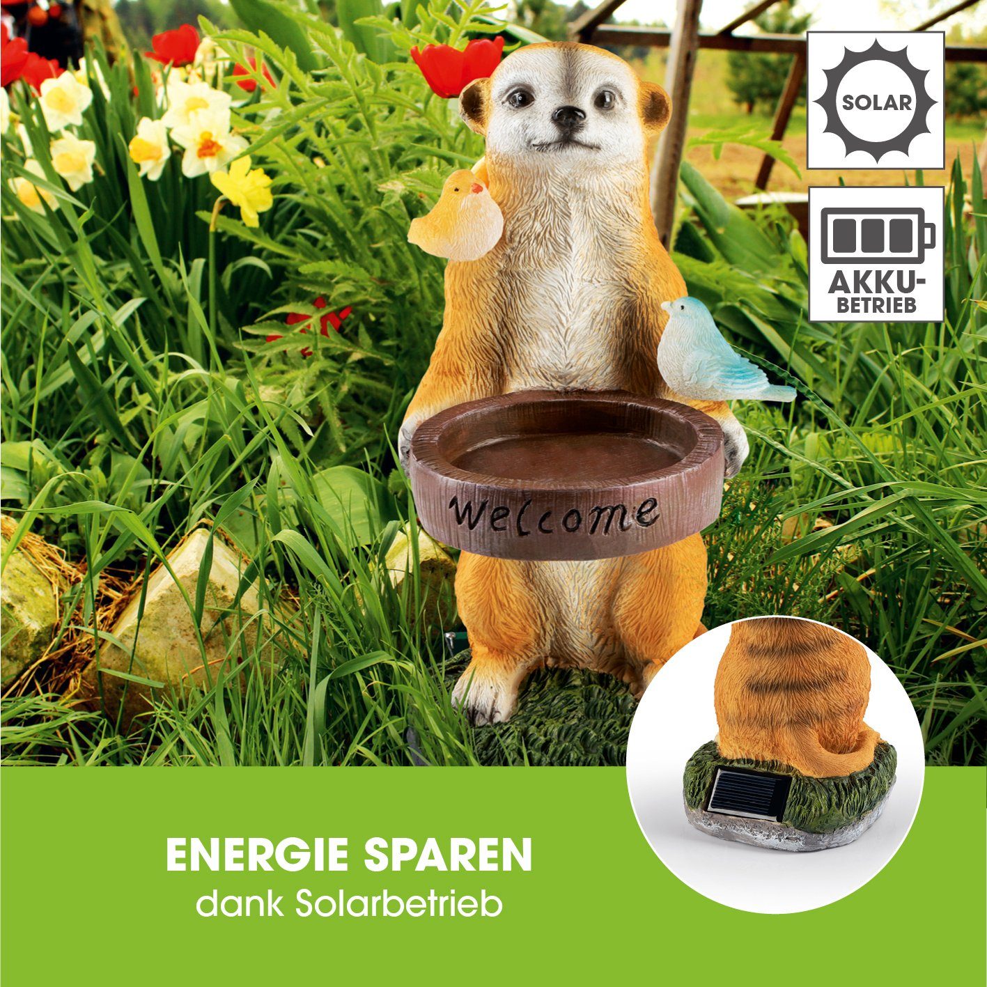 EASYmaxx LED Solarleuchte Erdmännchen als fest Garten Vogeltränke integriert LED Deko Figur