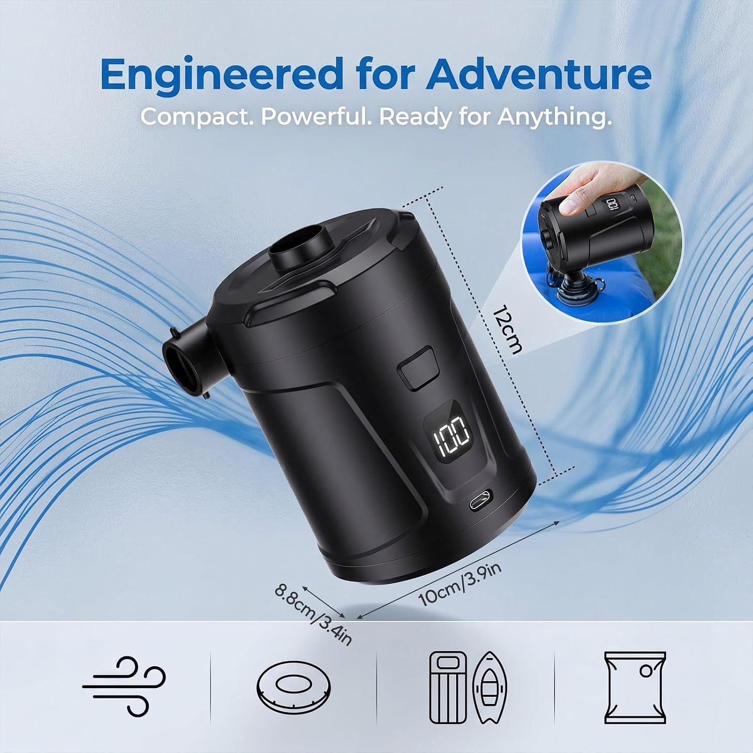 ibettertec Akku-Luftpumpe Elektrische Luftpumpe 5200mAh Pumpe Akku mit 4 Düsen (wiederaufladbare Mini-Akku-Luftpumpe, 400L/min Schnelles Aufblasen Luftmatratzenpumpe), Tragbare Luftmatratzenpumpe für Pool Schwimmer, Camping, Typ-C