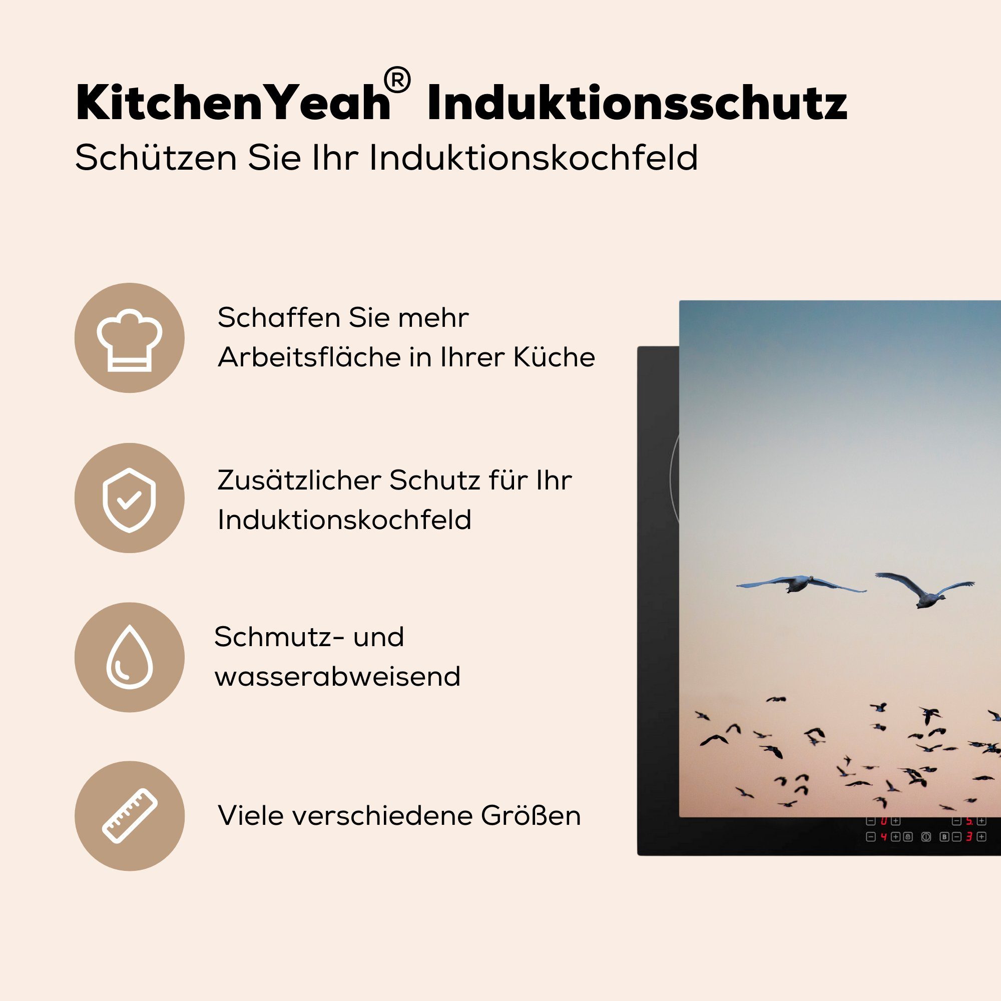 (1 - Ceranfeldabdeckung, Schwan 78x78 Arbeitsplatte Vinyl, - Herdblende-/Abdeckplatte für küche MuchoWow tlg), Sonnenuntergang, Vogel cm,