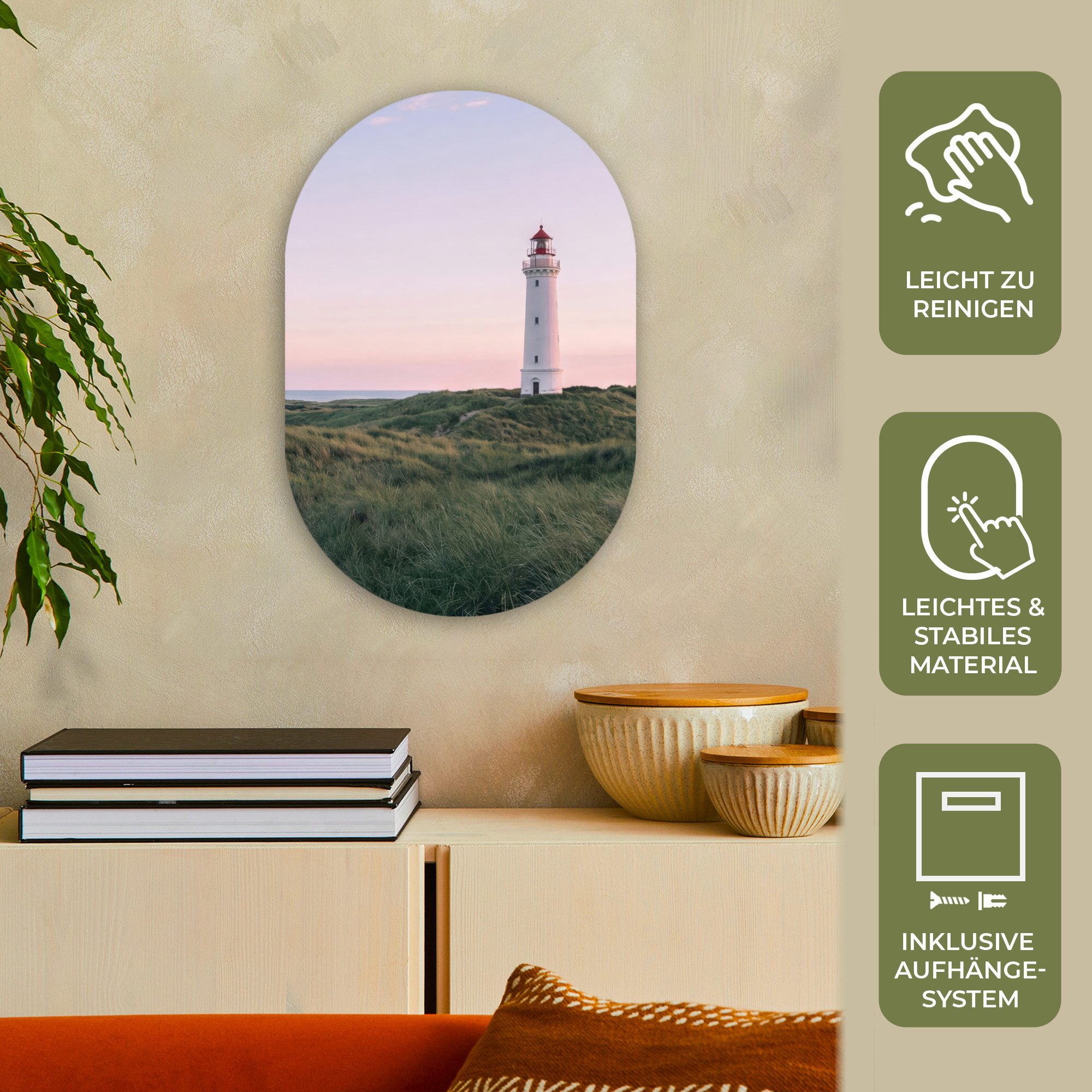 MuchoWow Gemälde Leuchtturm - Dünenlandschaft - Meer, Fotodruck (1 St), Wandbild Oval, Wohnzimmer oder Schlafzimmer Wanddekoration, 40x60 cm
