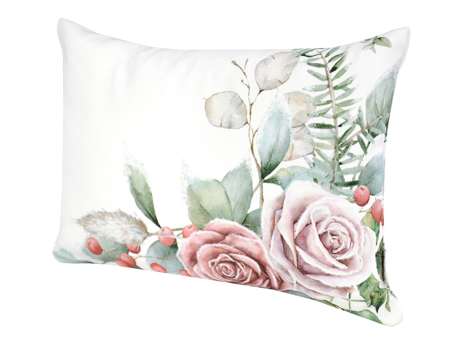 beties Kissenbezug Magie des Winters Frost-Rose, (1 Stück), Rosen Bukett mit feinen Tannenzweigen – elegant & harmonisch