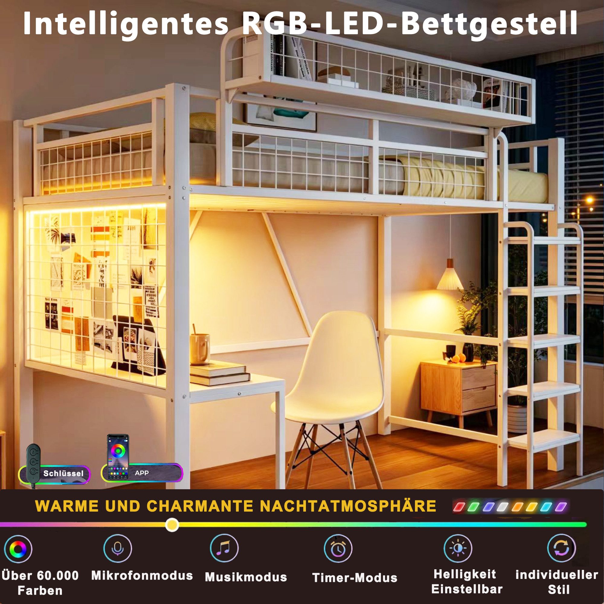 Celya Hochbett 90 x 200 cm, Mit Schreibtisch, LED-Beleuchtung und Steckdose (ohne Matratze, Mit Leiter und Sicherheitsgeländer) Mit Aufbewahrungsnetz, Abnehmbarem Ablagekorb