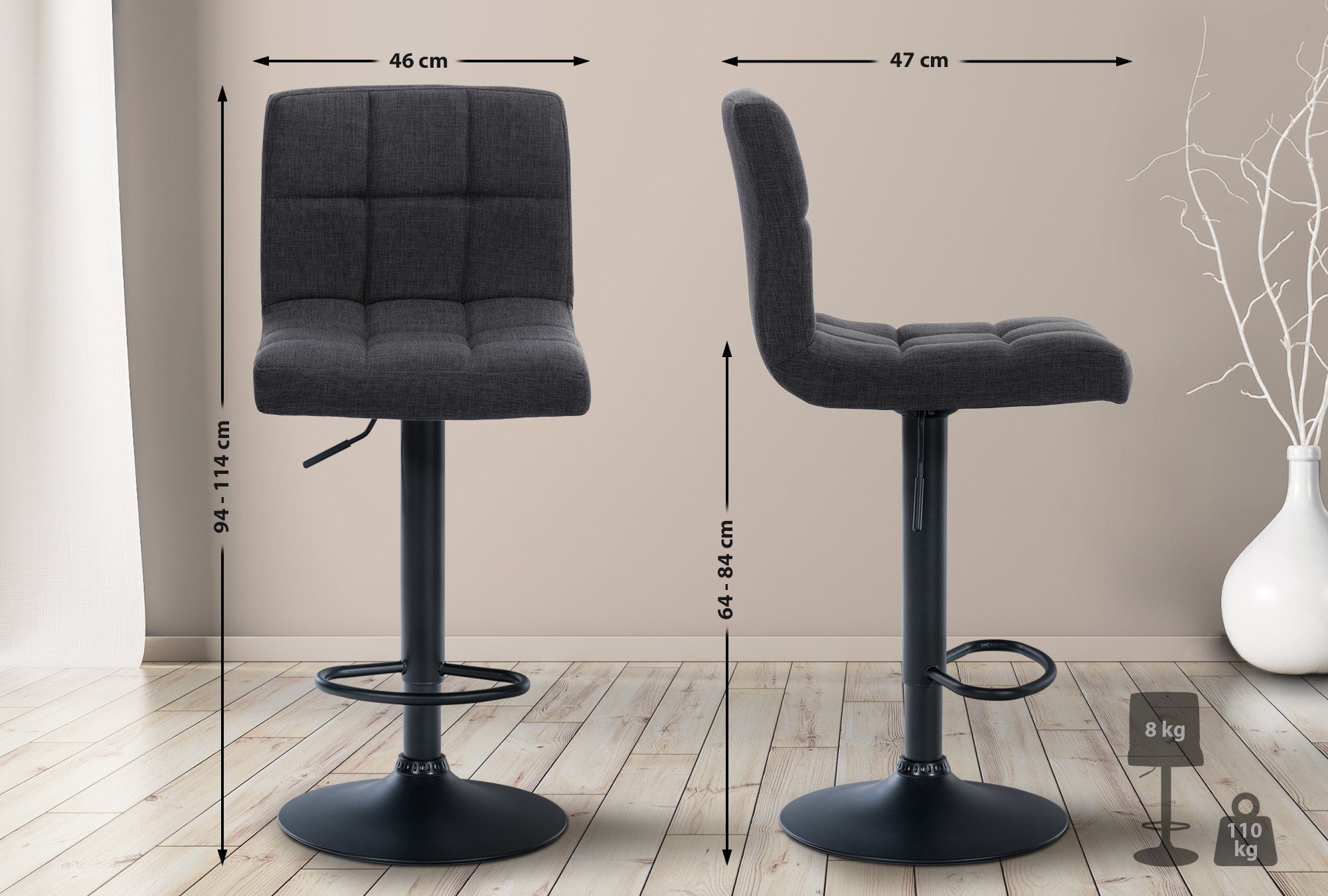 CLP Barhocker Calma Stoff (2er Set, 2 St., 2er), höenverstellbar und 360° drehbar