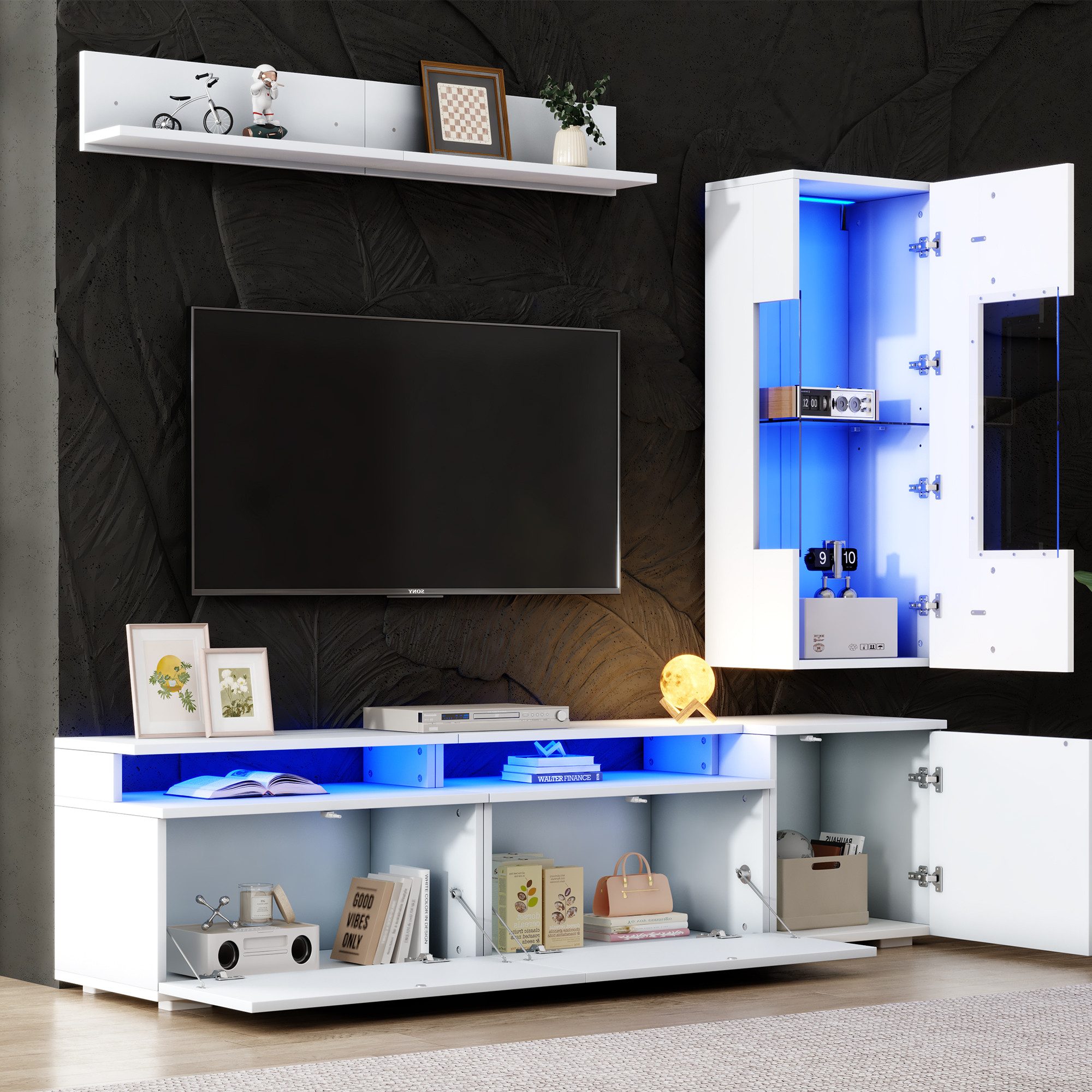 MODFU Wohnwand 3-teiliges Wohnzimmer-Set in Weiß Hochglanz mit LED, (Set, 3-St., Bestehend aus TV-Board, Vitrine & Wandregal), Stilvolle Kombination für TV-Geräte bis 80 Zoll